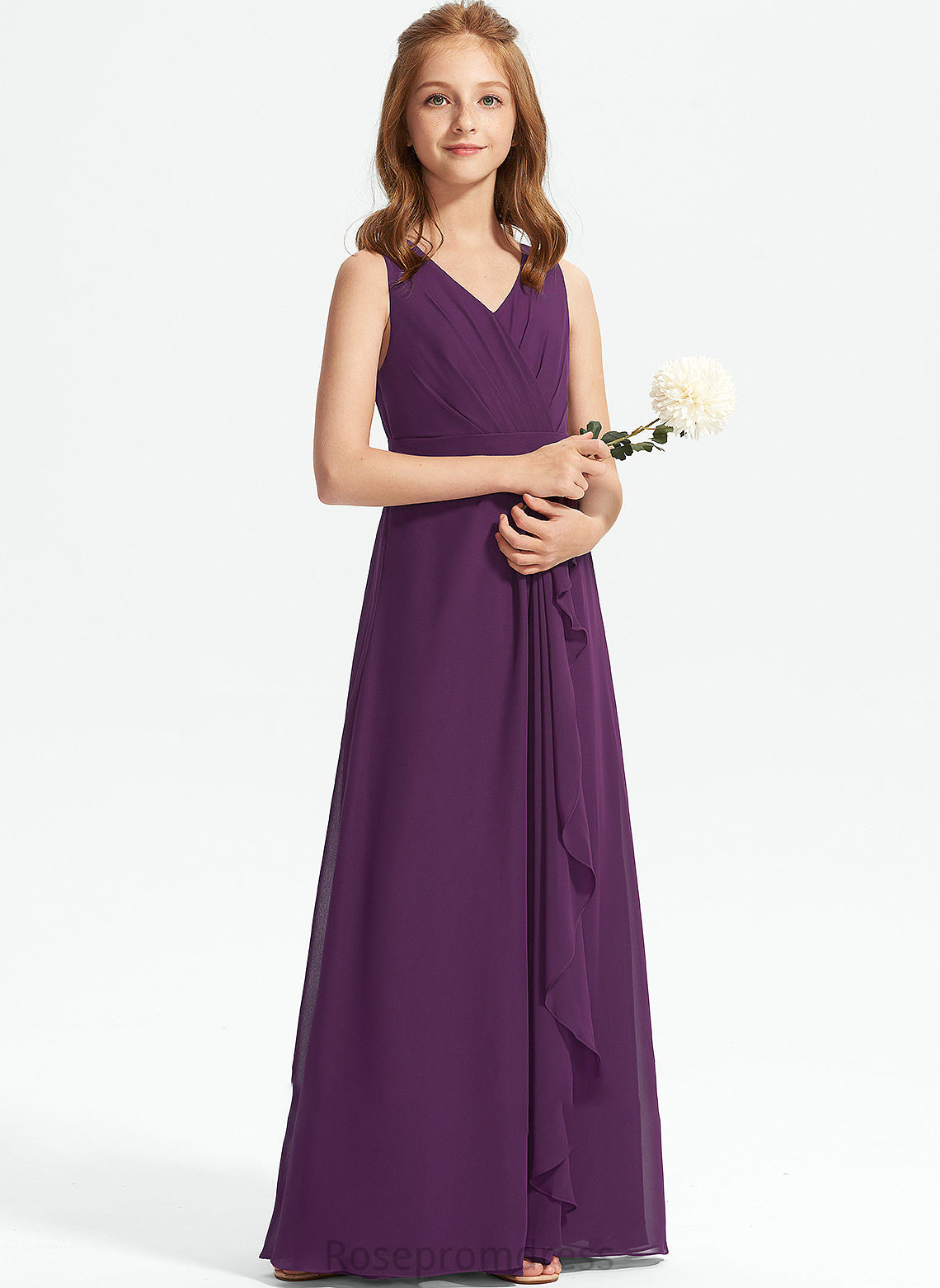 Floor-Length Jenny With Chiffon A-Line Junior Bridesmaid Dresses Ruffles V-neck