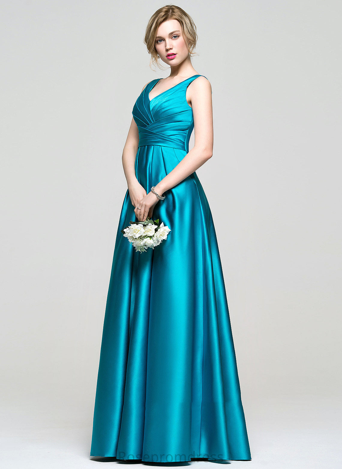 Prom Dresses With V-neck Pockets Floor-Length Ball-Gown/Princess Ruffle Satin Cara