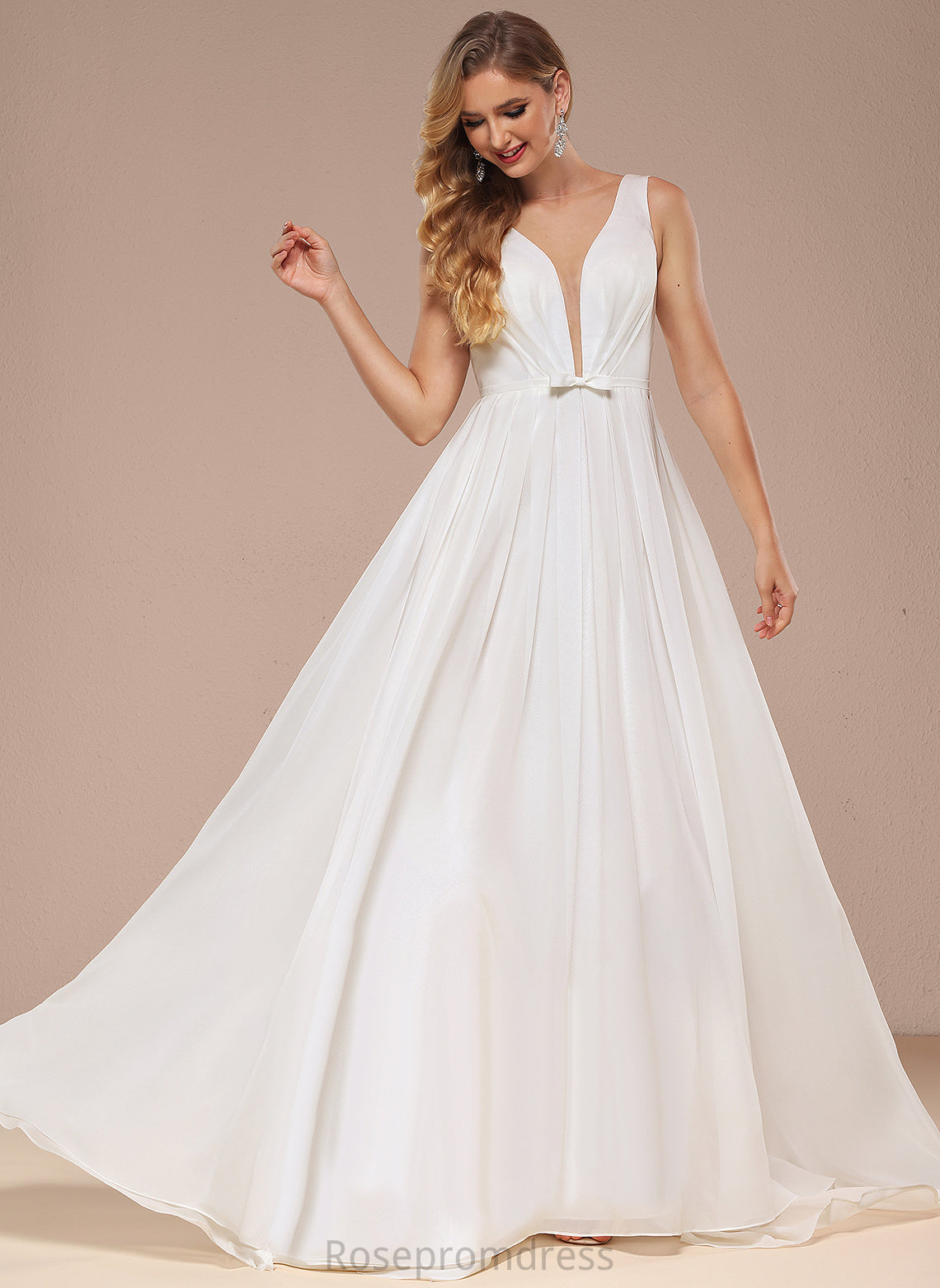 With Bow(s) Train Dress Wedding Sweep Wedding Dresses A-Line V-neck Chiffon Grace