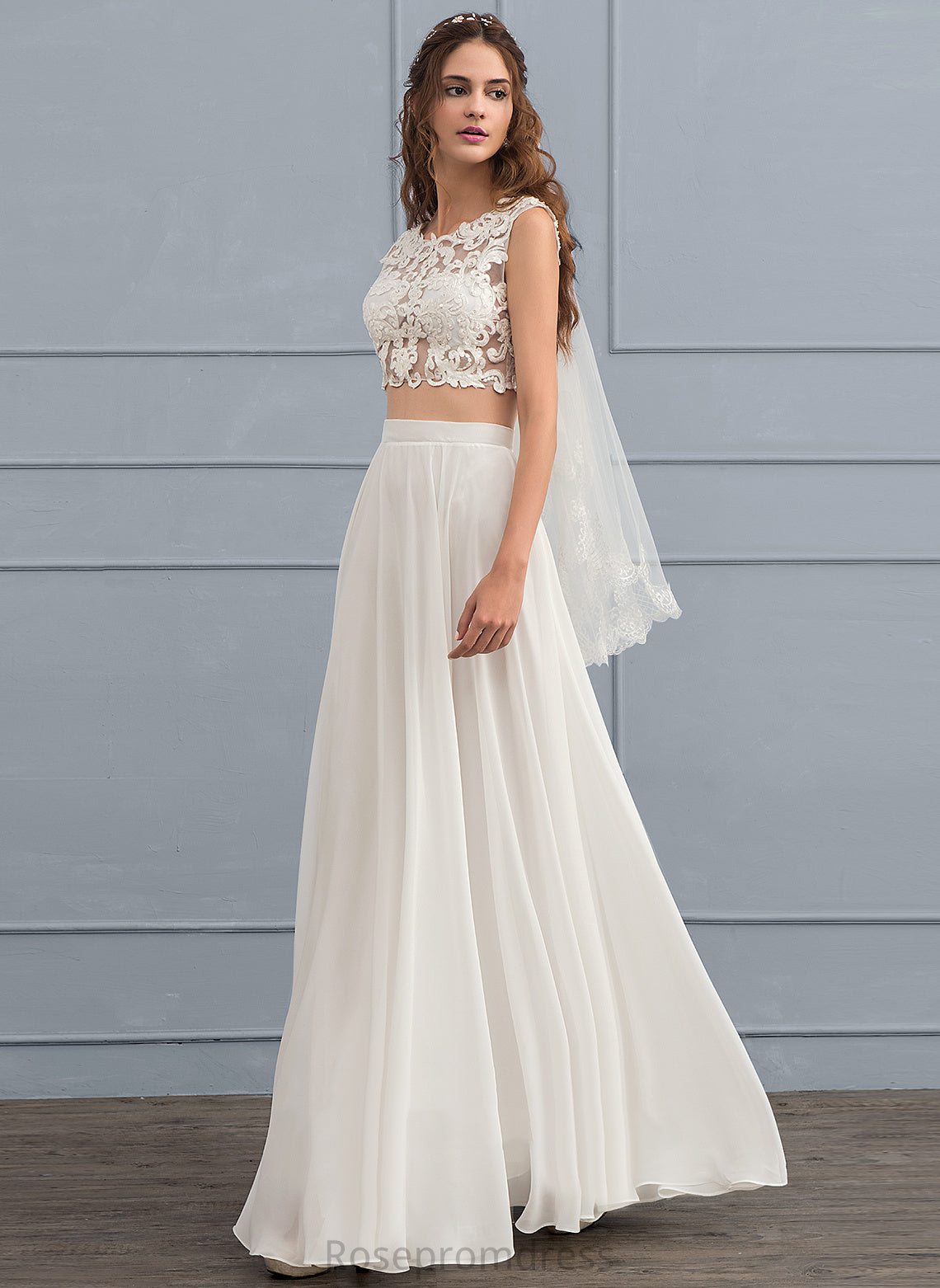 Lace Beading Wedding A-Line Dress Chiffon Neck Floor-Length Sequins Wedding Dresses With Scoop Elianna