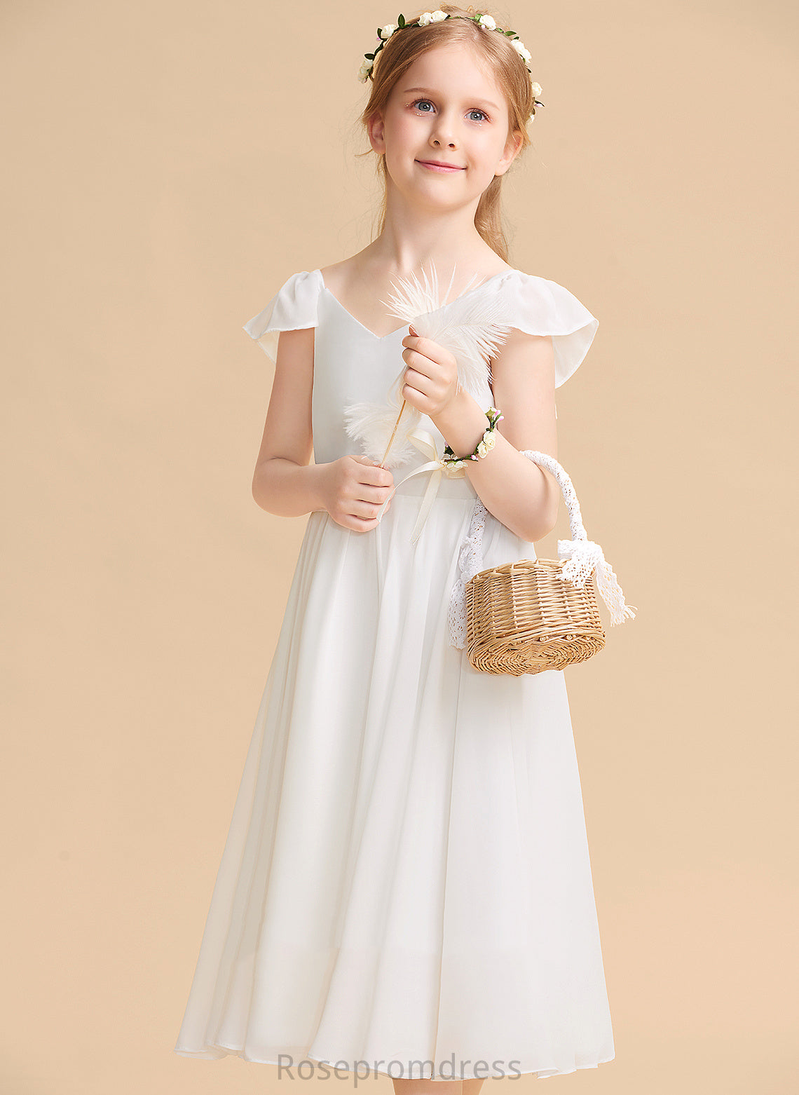 Chiffon/Satin Tea-length Girl V-neck - Flower Sleeveless Dress A-Line Pauline Flower Girl Dresses