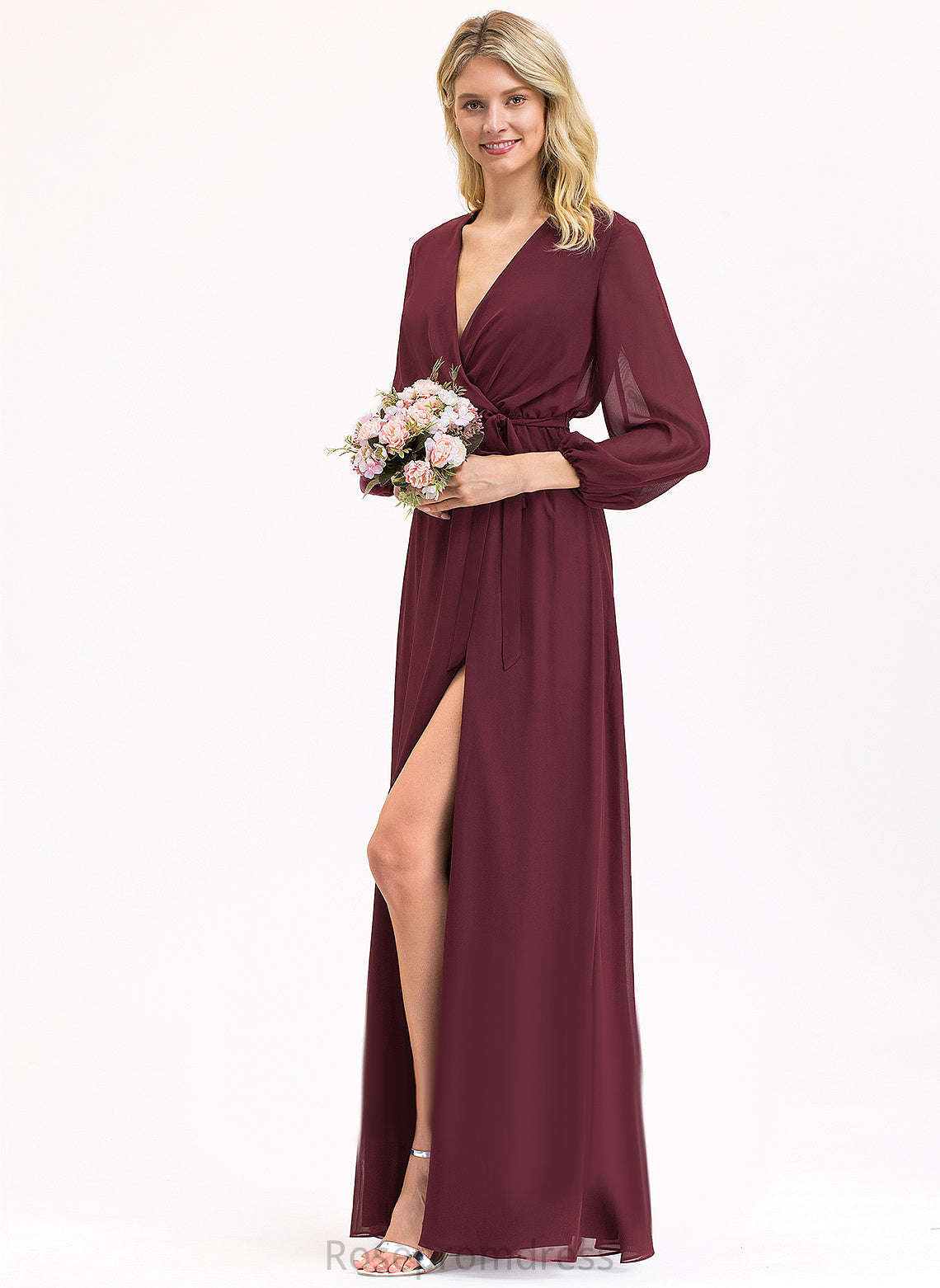 Fabric Pleated Length Bow(s) A-Line Embellishment V-neck Floor-Length Silhouette Neckline Violet Bridesmaid Dresses