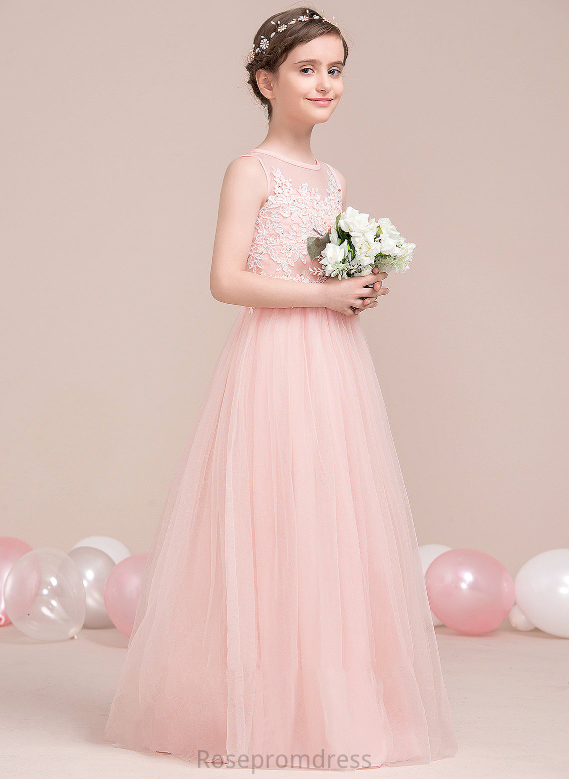 Junior Bridesmaid Dresses Norah Neck A-Line With Scoop Tulle Floor-Length Beading Sequins