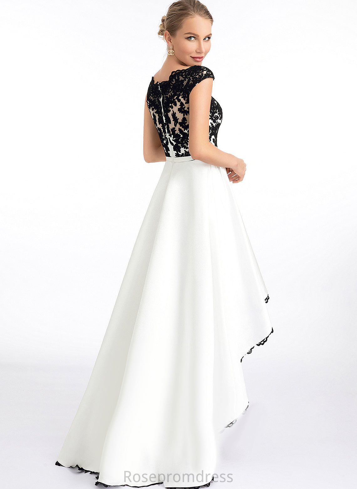 Scoop A-Line Illusion Asymmetrical Satin Alma Prom Dresses Lace