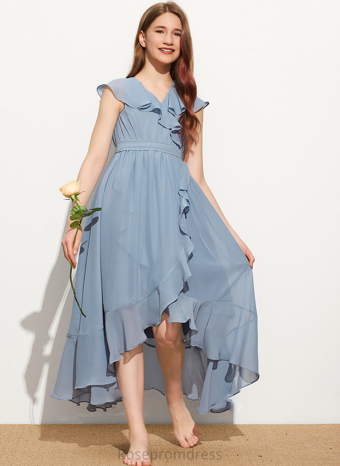 With Alannah Bow(s) Ruffles Cascading V-neck A-Line Junior Bridesmaid Dresses Asymmetrical Chiffon