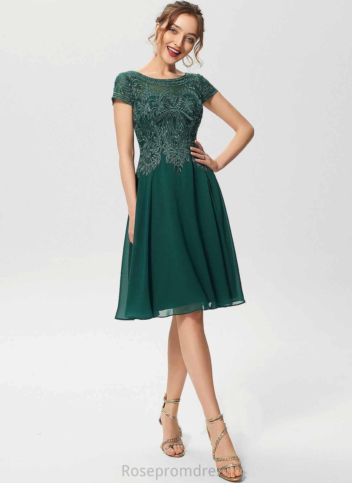 Dress Aylin Sequins A-Line Cocktail Dresses Scoop Knee-Length Cocktail Neck With Lace Chiffon