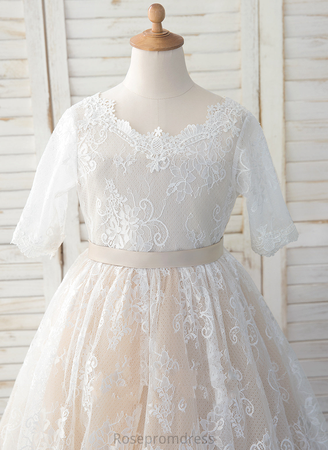 Girl Cecelia Scoop A-Line 3/4 Tulle/Lace Sleeves - Neck With Bow(s) Flower Girl Dresses Dress Tea-length Flower