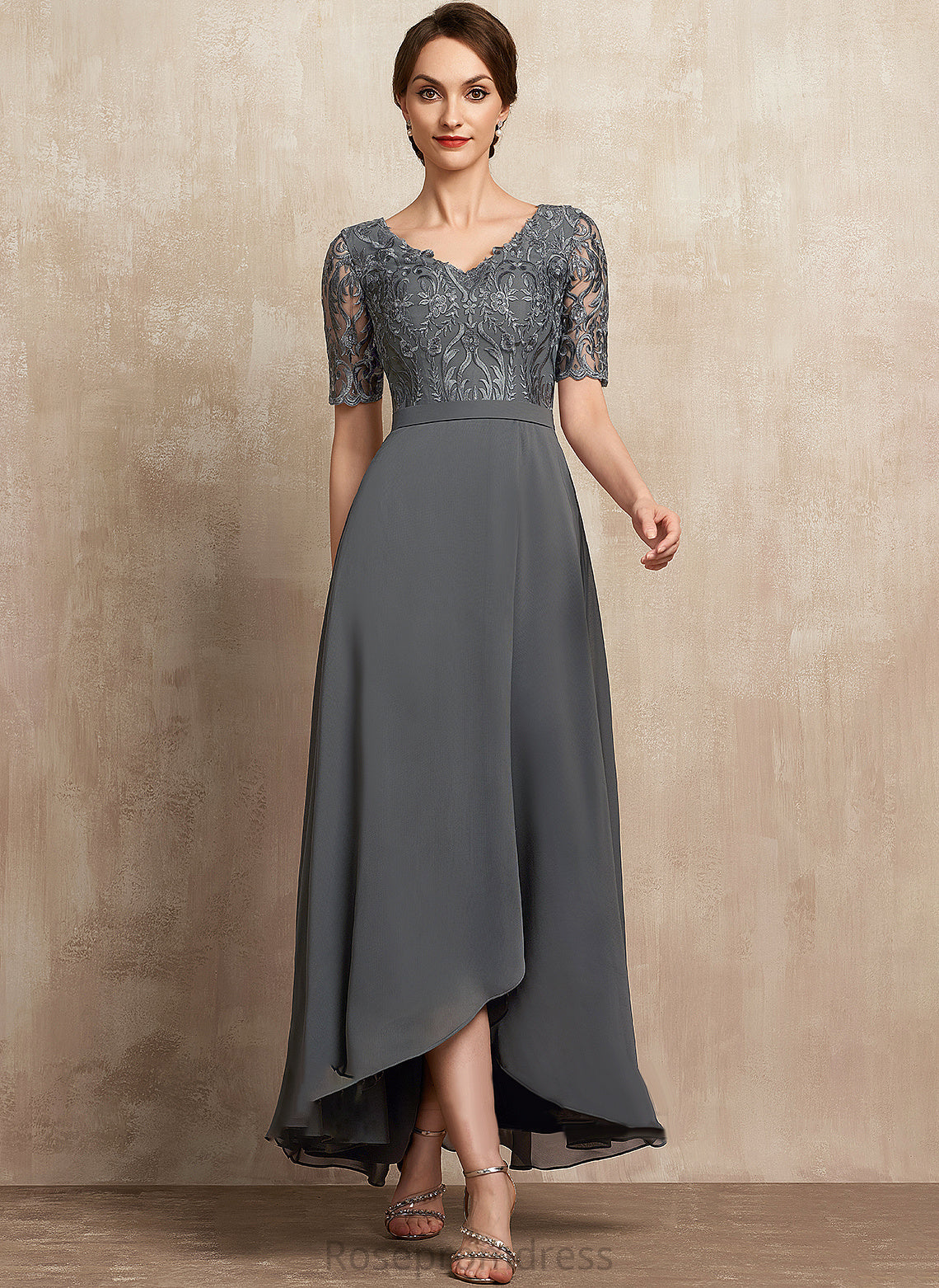 Dress Bride of Princess Mother V-neck the Chiffon A-Line Lace Asymmetrical Mother of the Bride Dresses