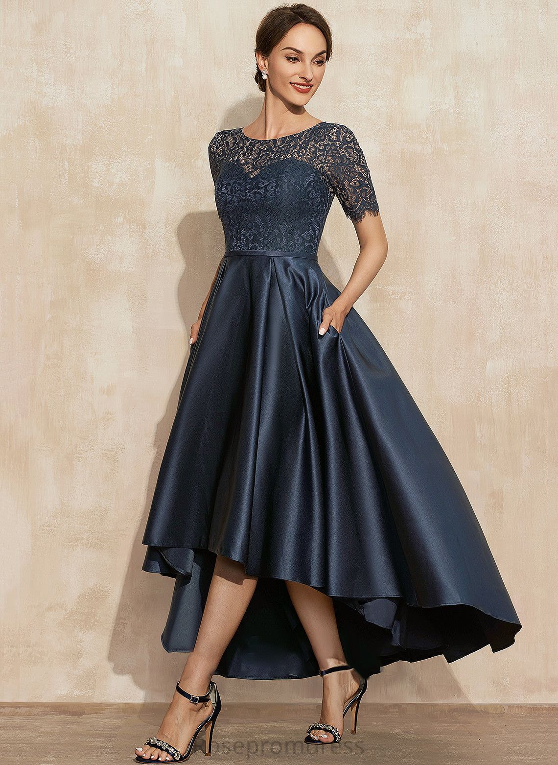 Mother the Mother of the Bride Dresses Pockets Bride of Zoie Scoop With Satin Neck Asymmetrical Lace A-Line Dress