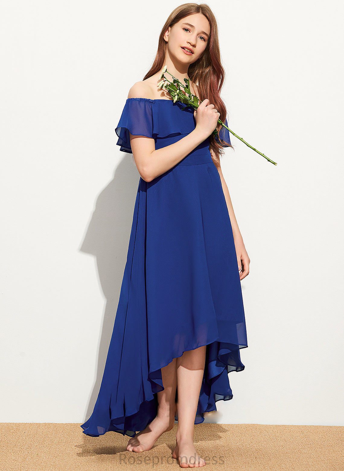 Chiffon Ruffles With A-Line Off-the-Shoulder Cascading Asymmetrical Morgan Junior Bridesmaid Dresses