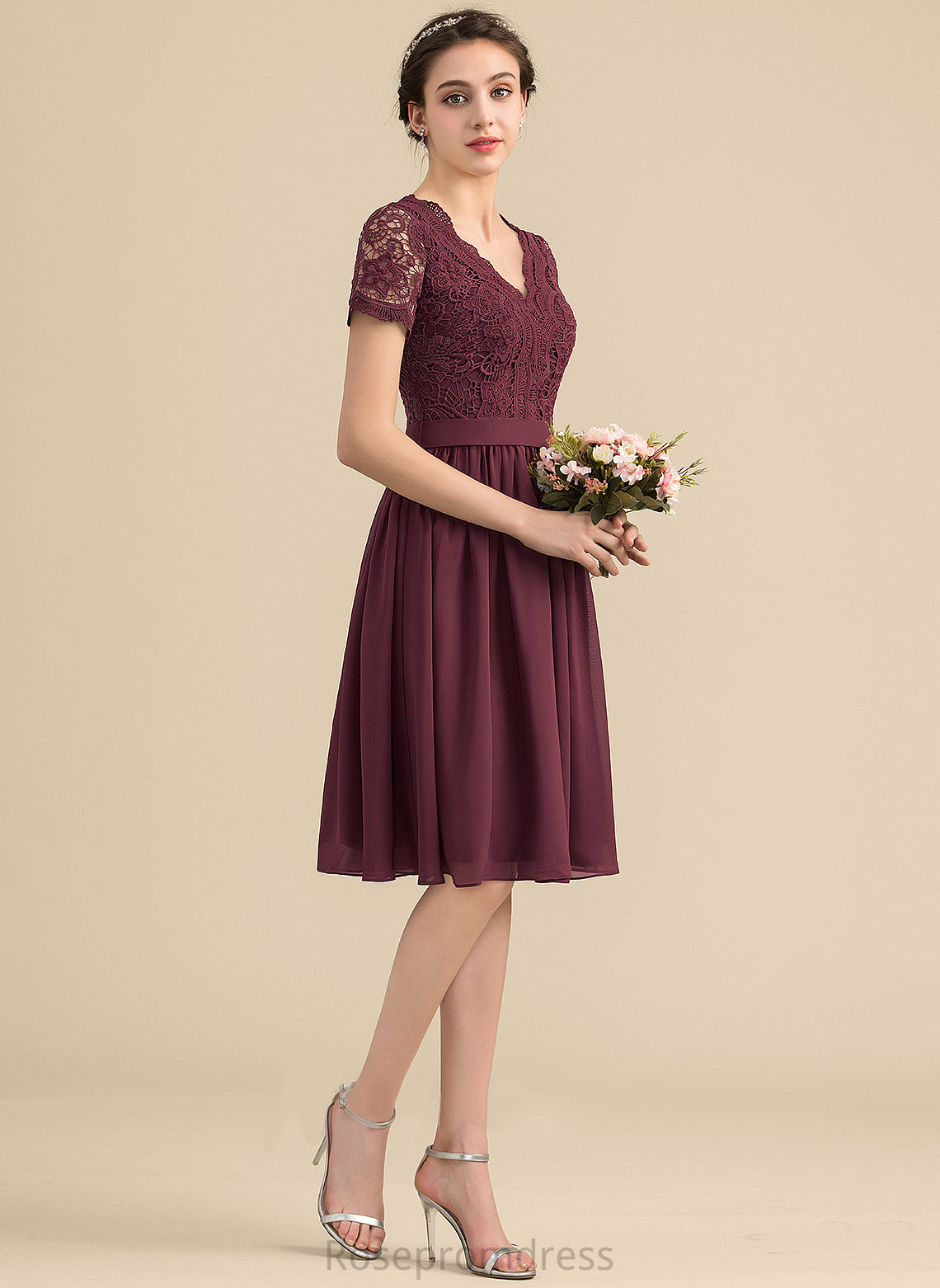 Lace Fabric Length Neckline Embellishment Silhouette V-neck Knee-Length A-Line Libby Bridesmaid Dresses