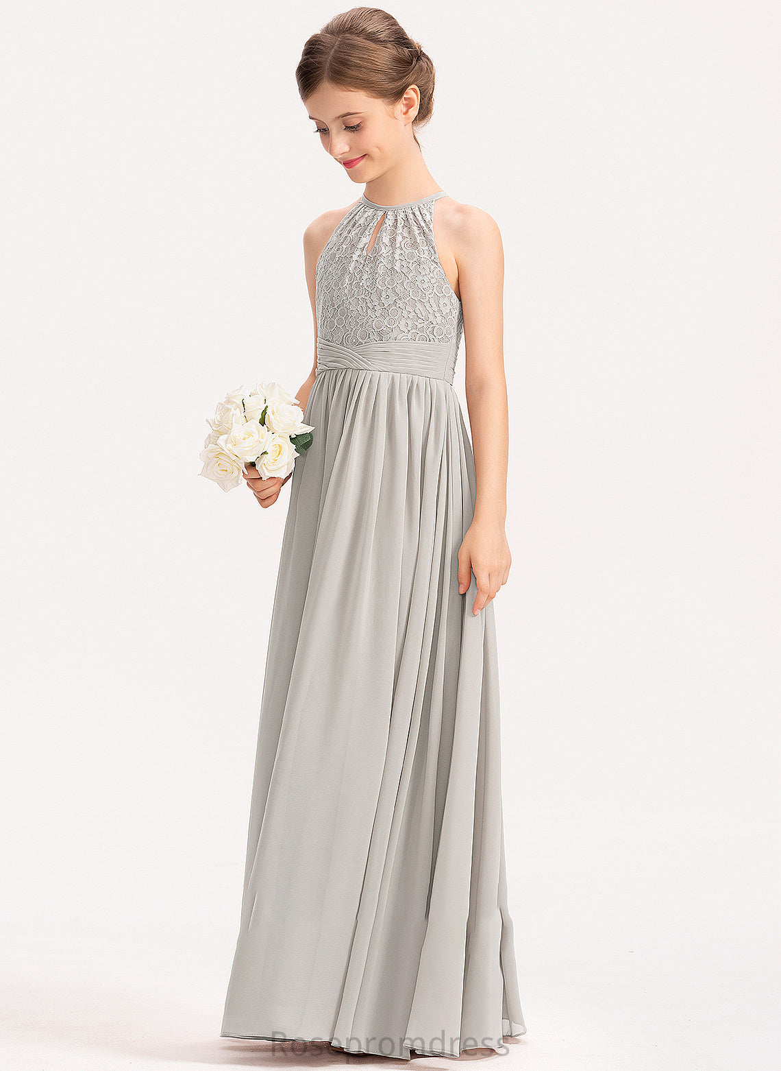 Chiffon Lace Neck Scoop Junior Bridesmaid Dresses With Annalise A-Line Ruffle Floor-Length