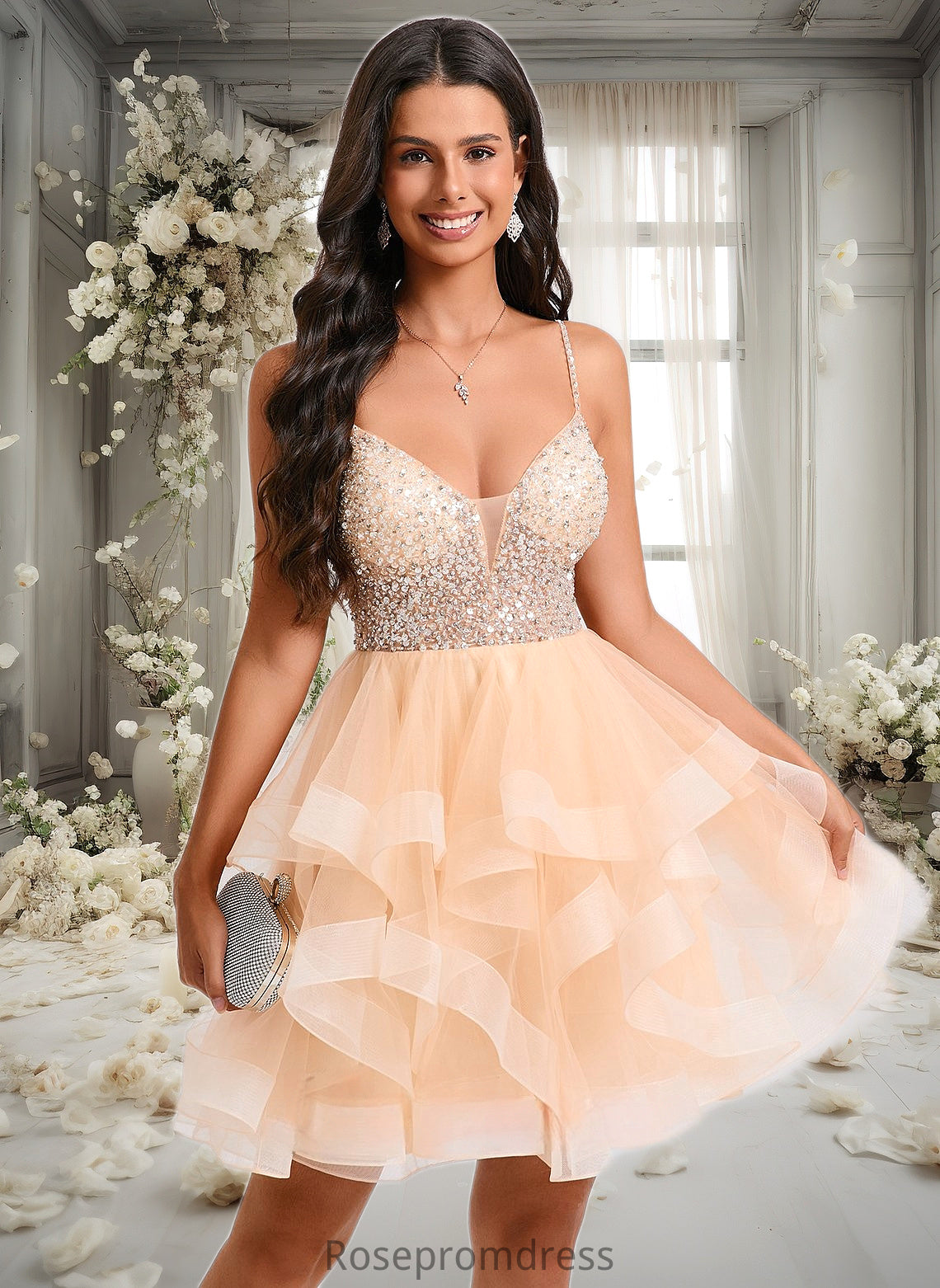 Anna Ball-Gown/Princess V-Neck Short Tulle Homecoming Dress With Beading Sequins DSP0025646