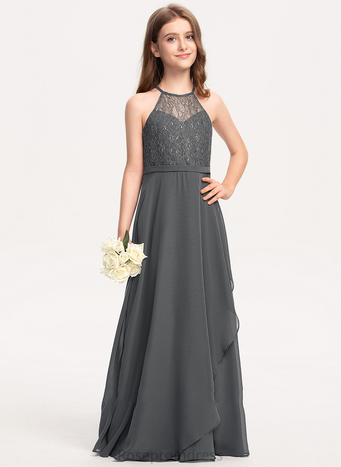 With Lace Isis Neck Scoop Chiffon Cascading Floor-Length Ruffles A-Line Junior Bridesmaid Dresses