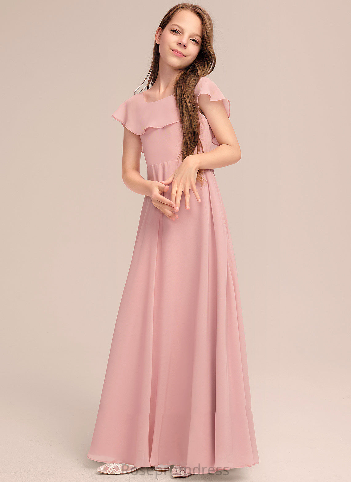 Cascading A-Line Floor-Length Junior Bridesmaid Dresses With Ruffles Neck Scoop Rachel Chiffon