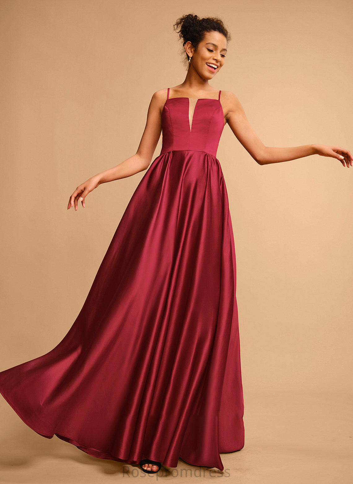 Satin Neckline Scarlet A-Line Square Prom Dresses Floor-Length