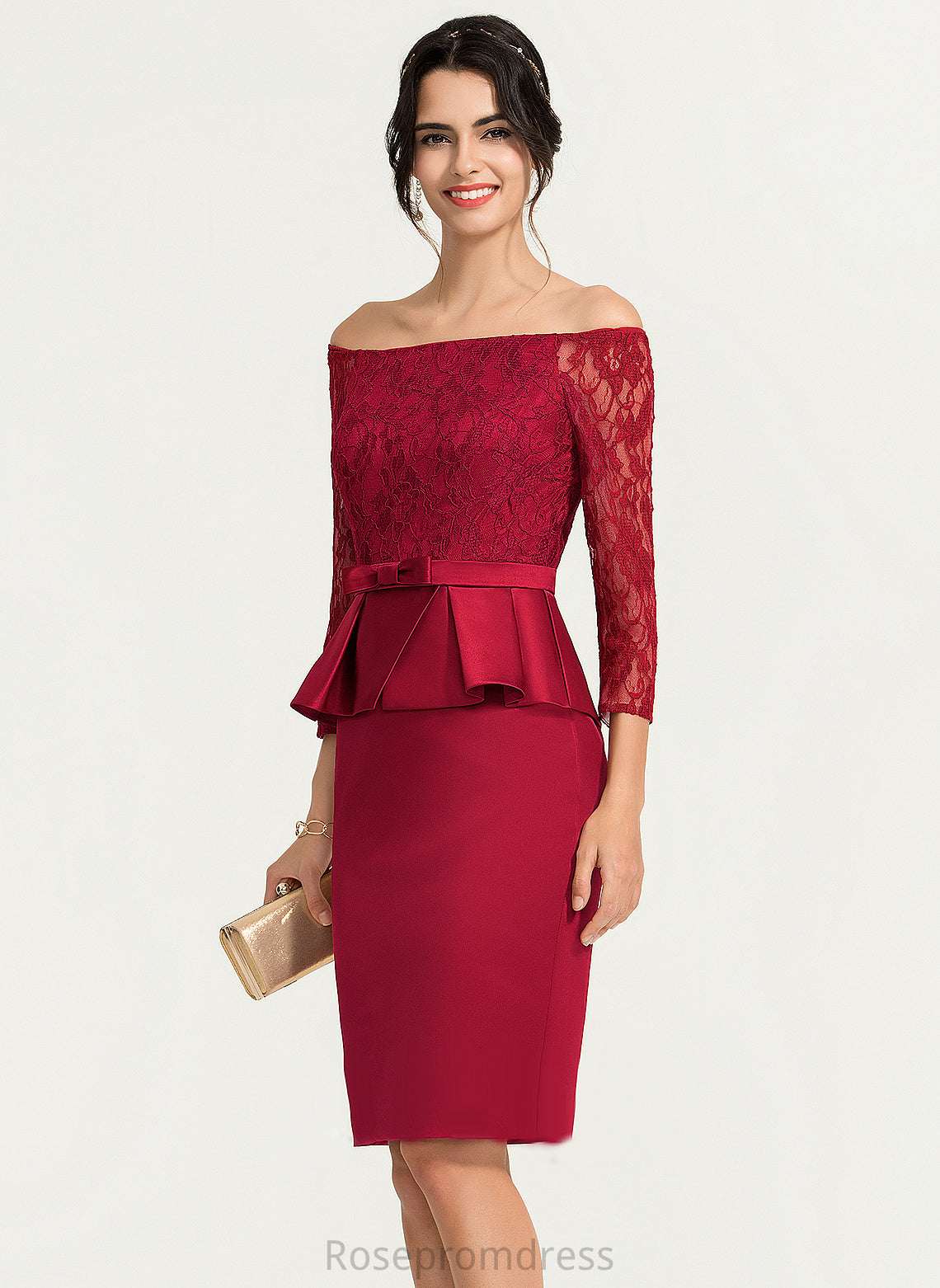 Cocktail Satin Sheath/Column Lace Off-the-Shoulder Knee-Length Dress Cocktail Dresses Miriam