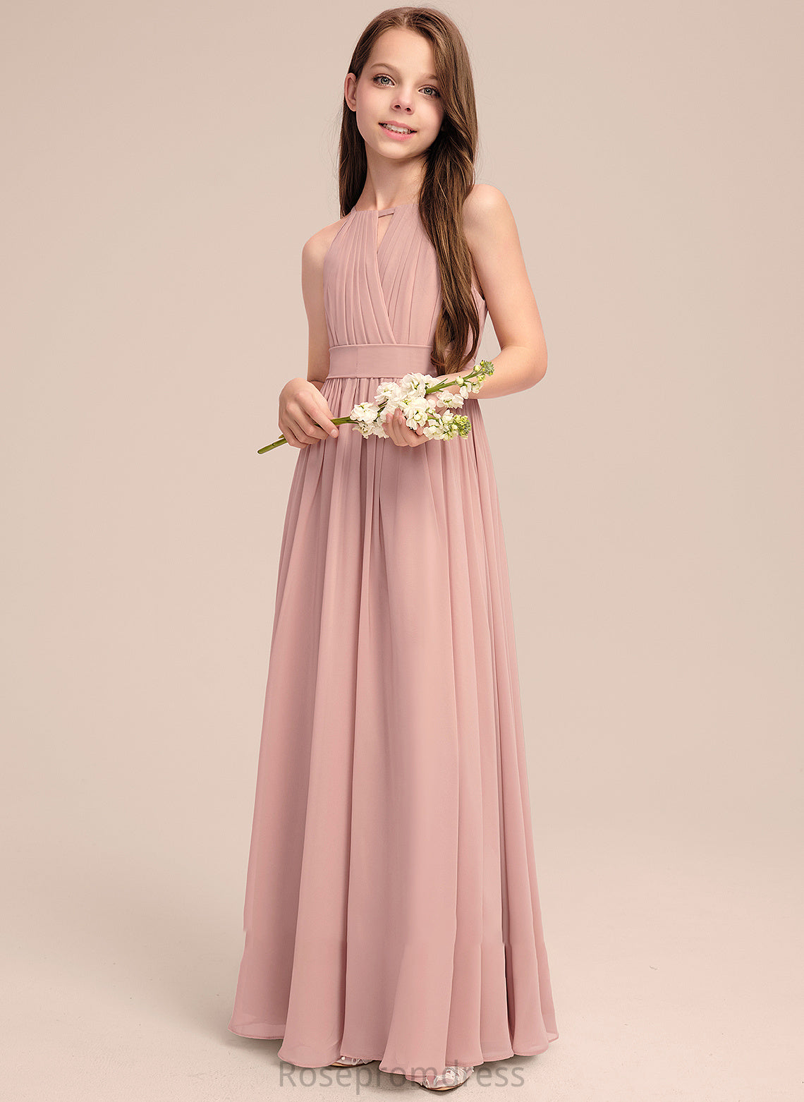 Bow(s) With Floor-Length Junior Bridesmaid Dresses Neck Scoop A-Line Ruffle Chiffon Belinda