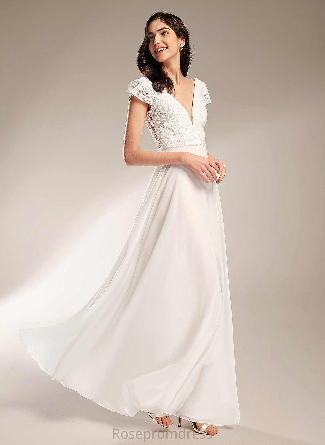 A-Line Lace Wedding Dresses Wedding Abbey Chiffon Dress V-neck Floor-Length