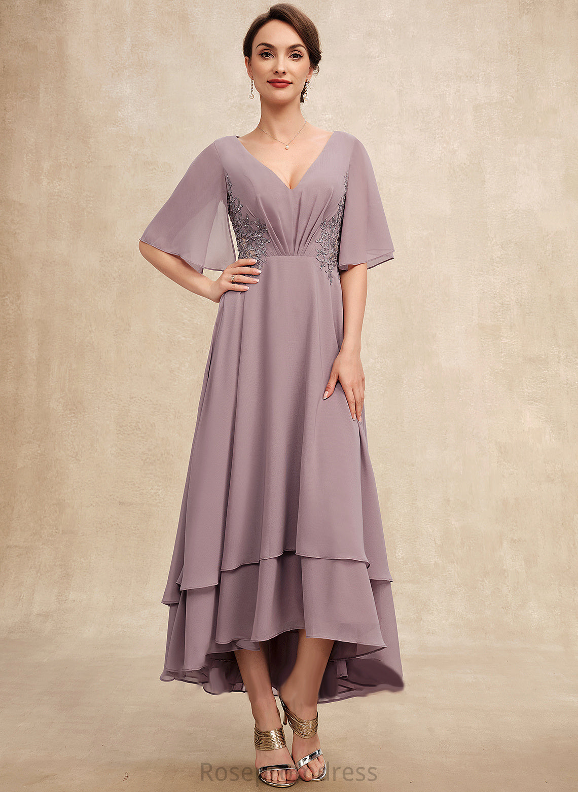 the Beading Ruffle Dress Bride of Asymmetrical Mother of the Bride Dresses Chiffon With A-Line Makaila Mother V-neck Lace