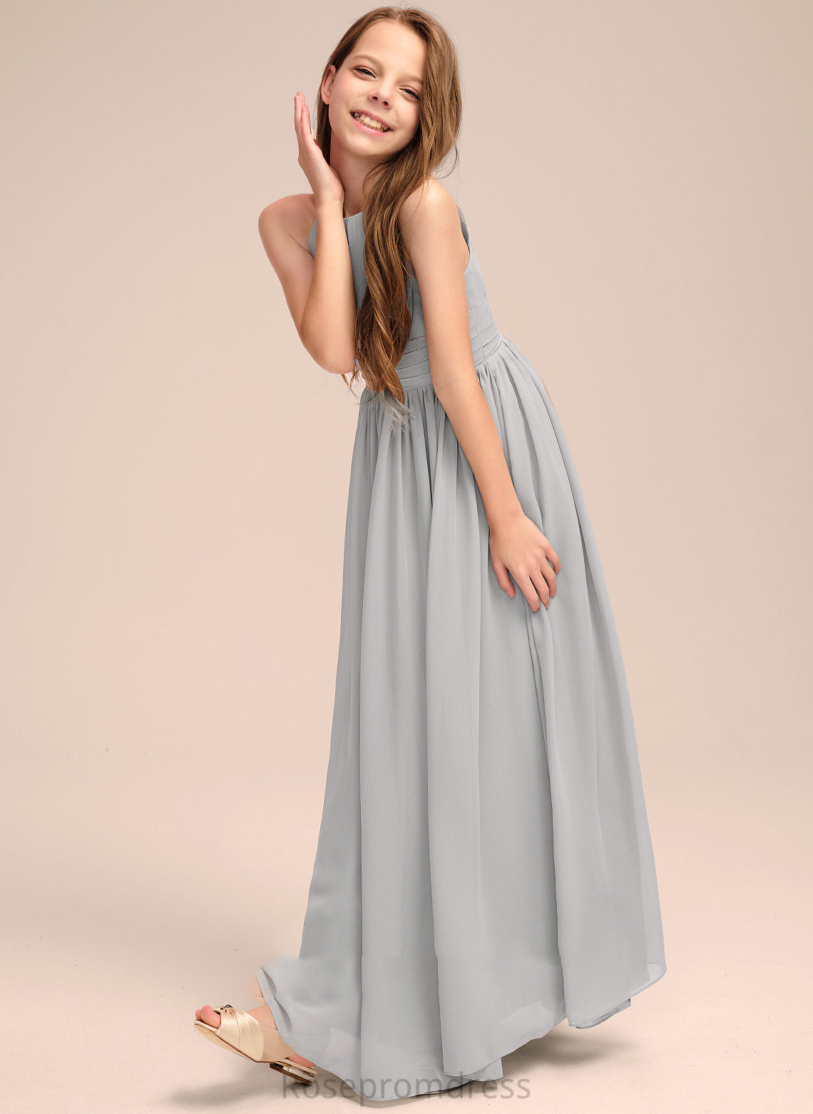 Ruffle Neck A-Line Aliya Chiffon Scoop With Floor-Length Junior Bridesmaid Dresses