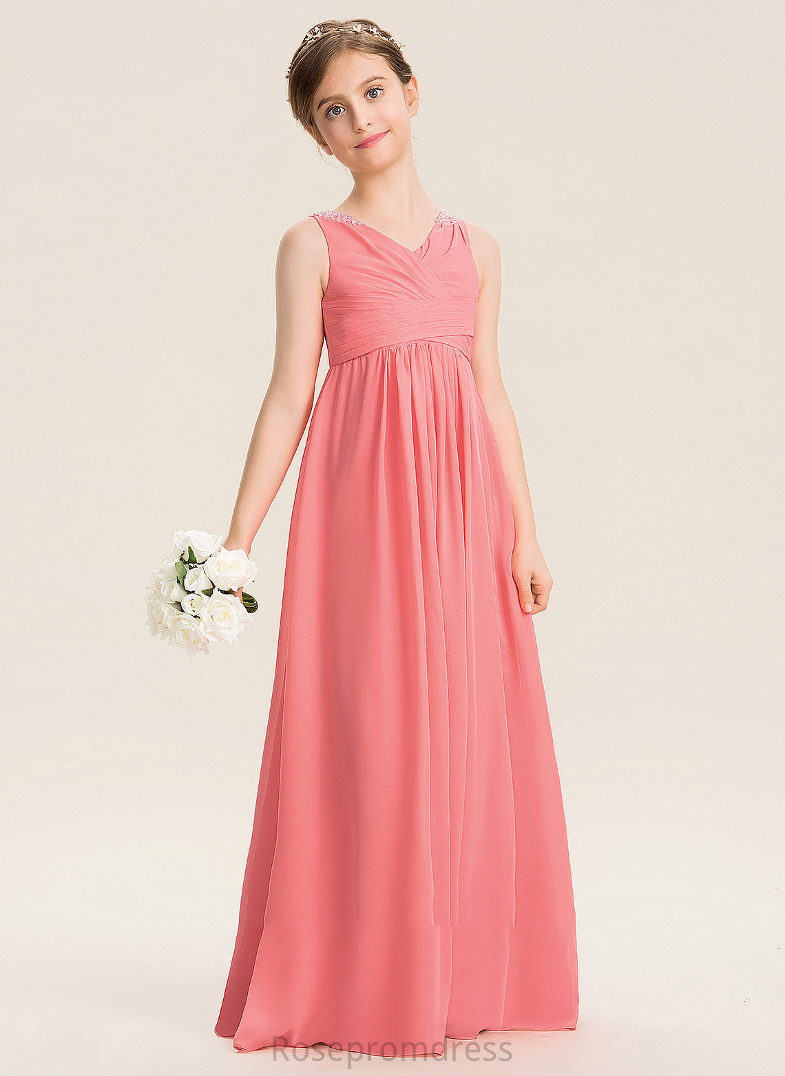 Junior Bridesmaid Dresses Penny EmpireV-neckFloor-LengthChiffonJuniorBridesmaidDressWithRuffleBeadingSequins#173291