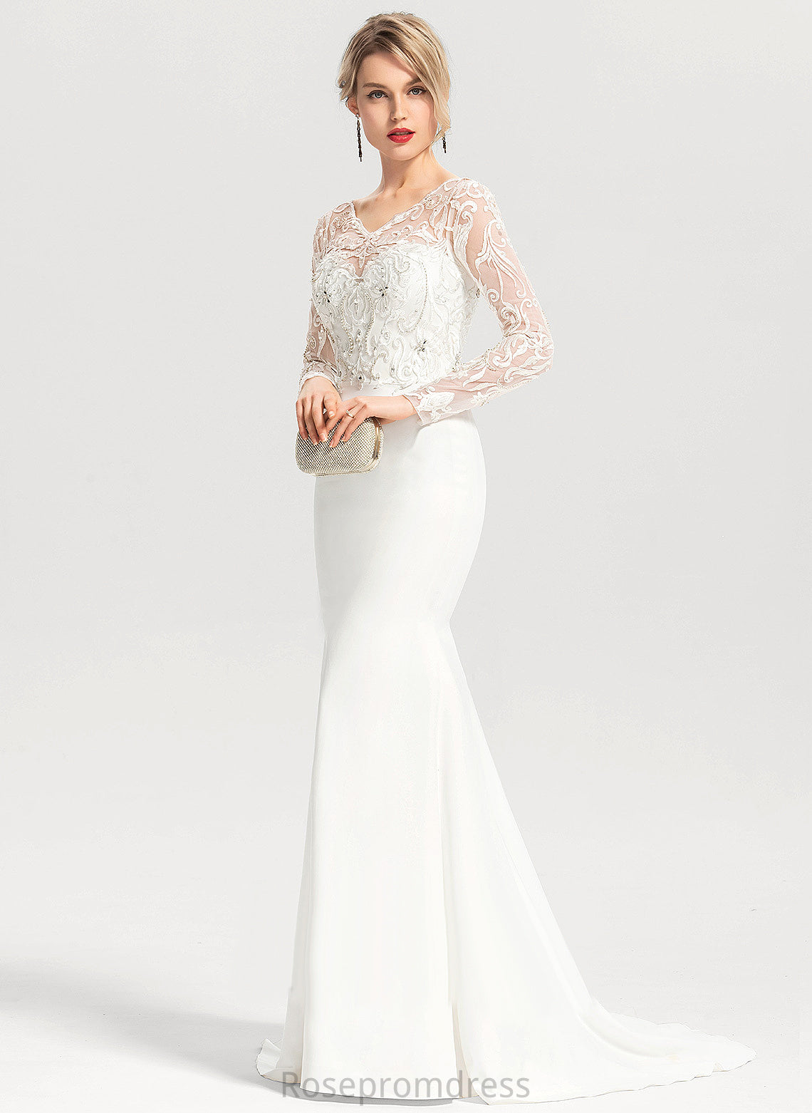 Sweep Train Stretch Trumpet/Mermaid V-neck Crepe Raelynn Wedding Dresses Wedding Lace Sequins Beading With Dress