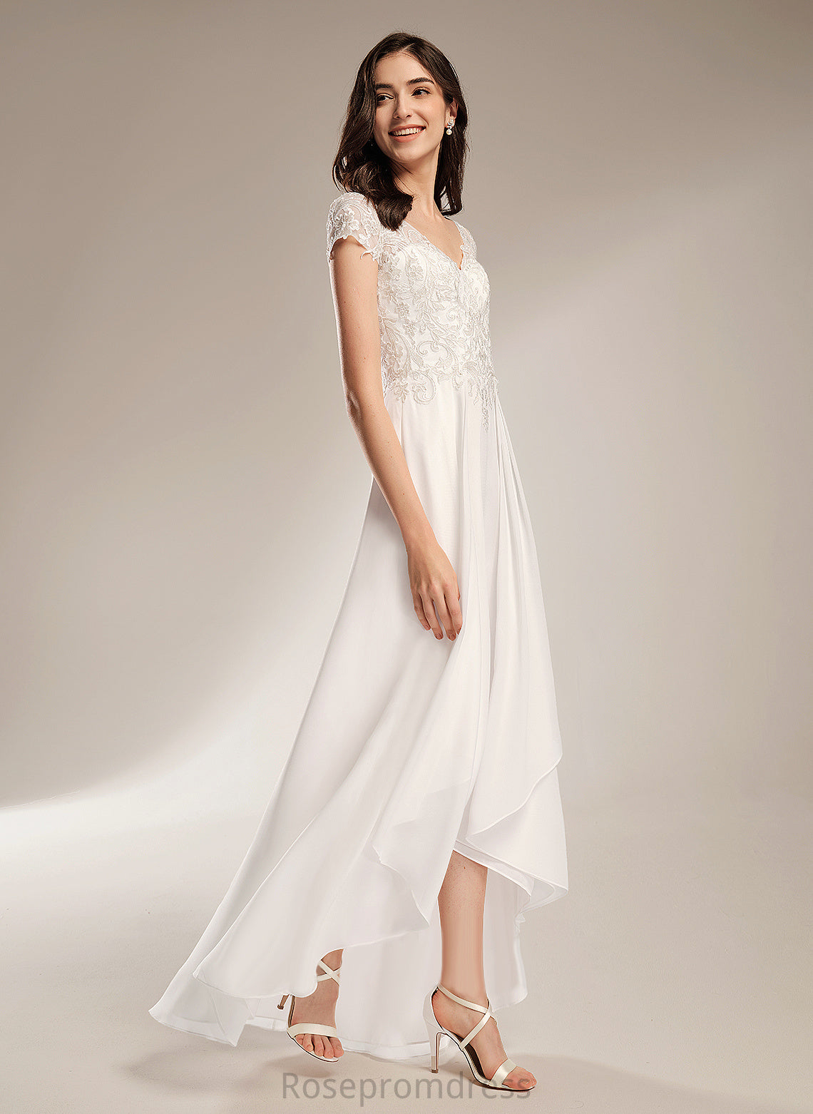 V-neck Chiffon Asymmetrical Wedding Dresses Claudia A-Line Wedding Lace Dress