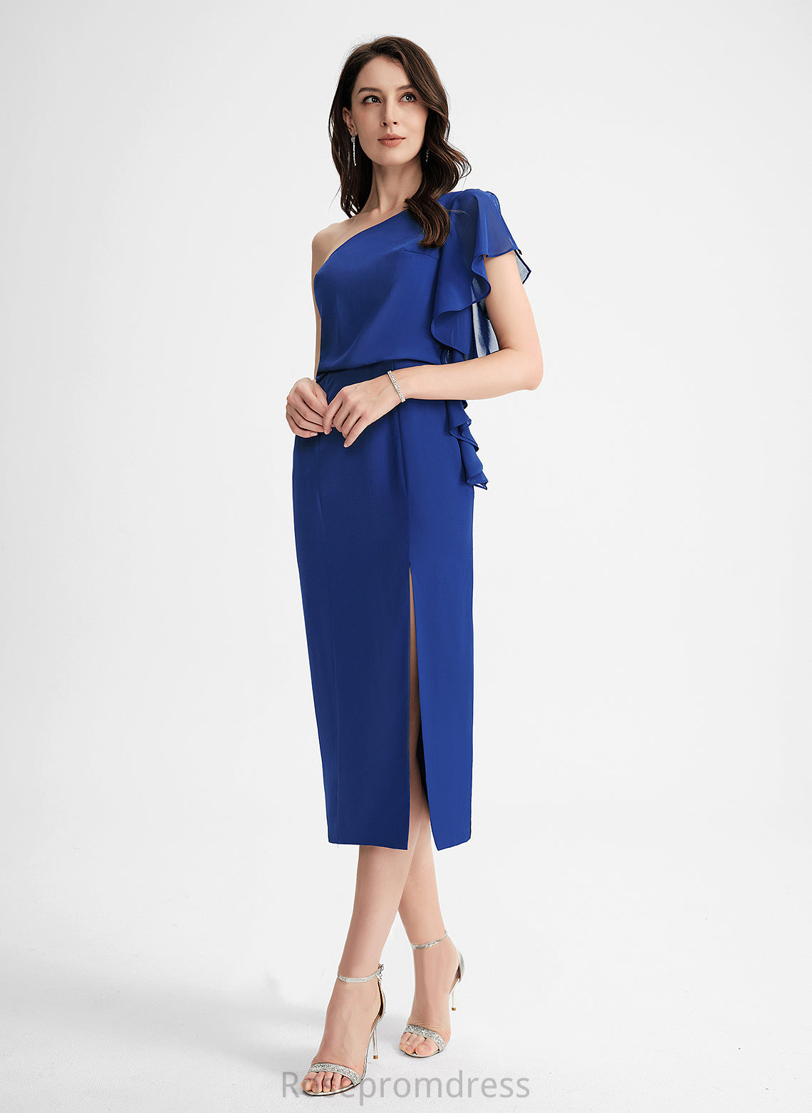 Tea-Length Ruffle One-Shoulder With Chiffon Dress Madilyn Cocktail Sheath/Column Cocktail Dresses