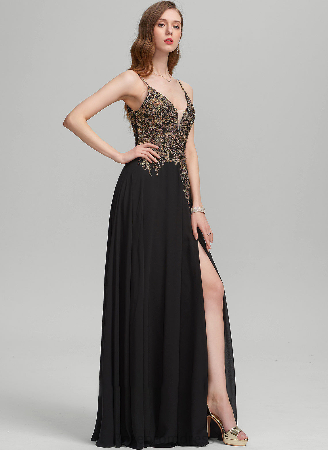 With Sequins Chiffon Prom Dresses V-neck Floor-Length Lace A-Line Front Split Aisha