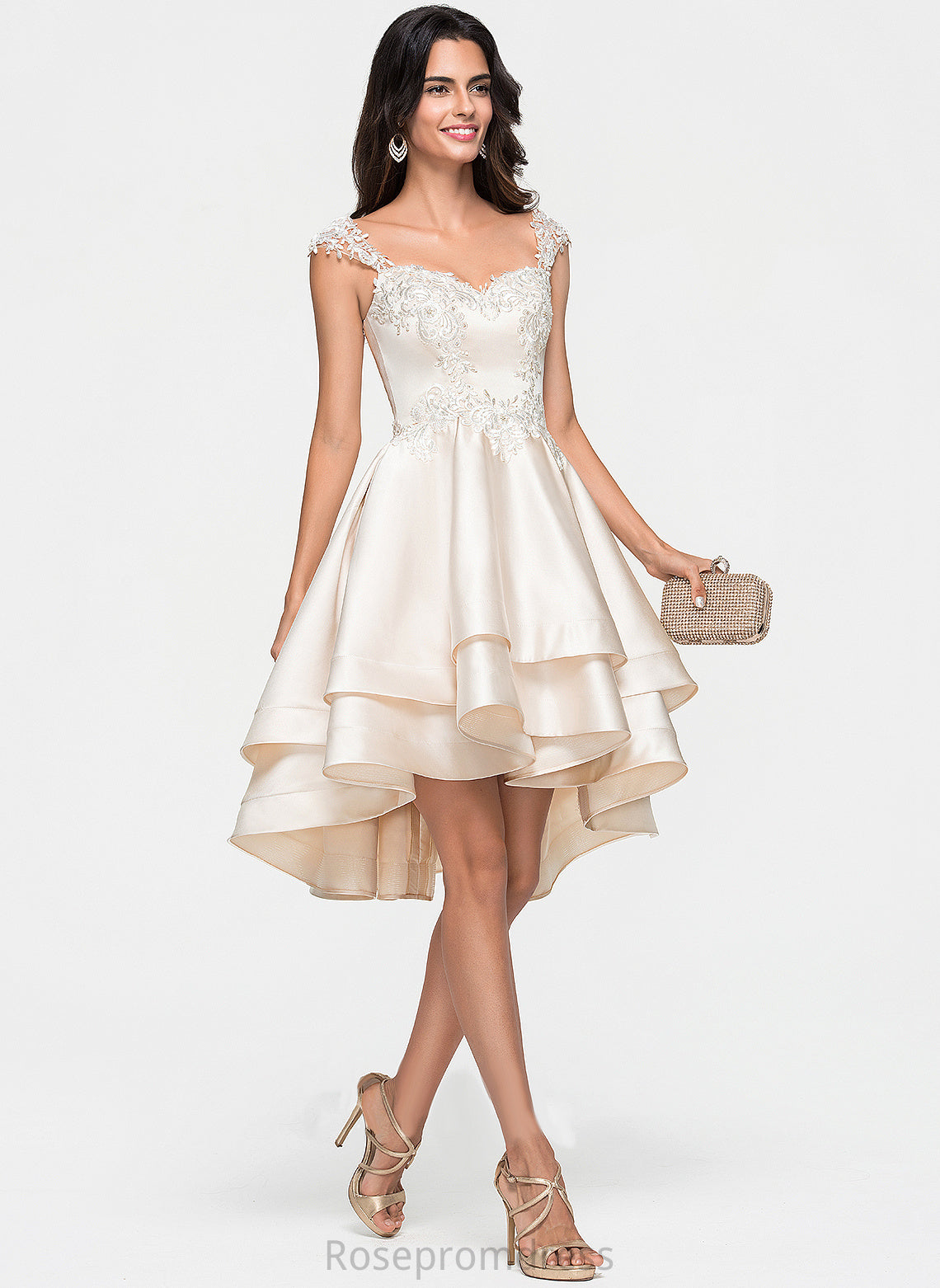 With Beading Homecoming Dresses Sweetheart A-Line Lace Cascading Ruffles Satin Asymmetrical Dress Homecoming Millicent