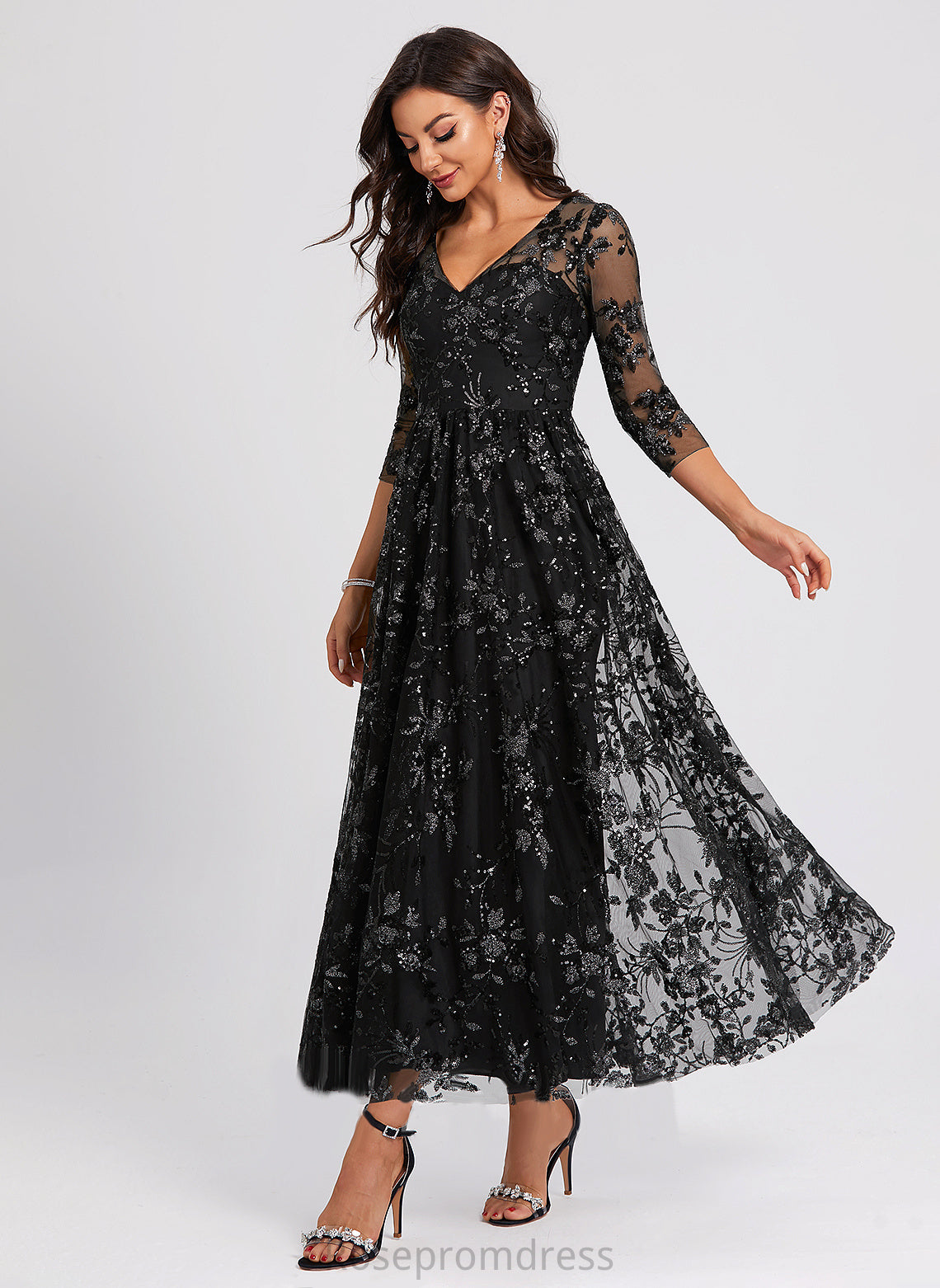 A-Line Cocktail Ankle-Length Sequined V-neck Cocktail Dresses Dress Lace Hayley