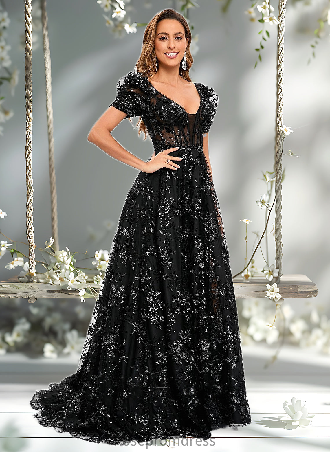 Caylee A-line V-Neck Sweep Train Floral Lace Prom Dresses With Sequins DSP0025869