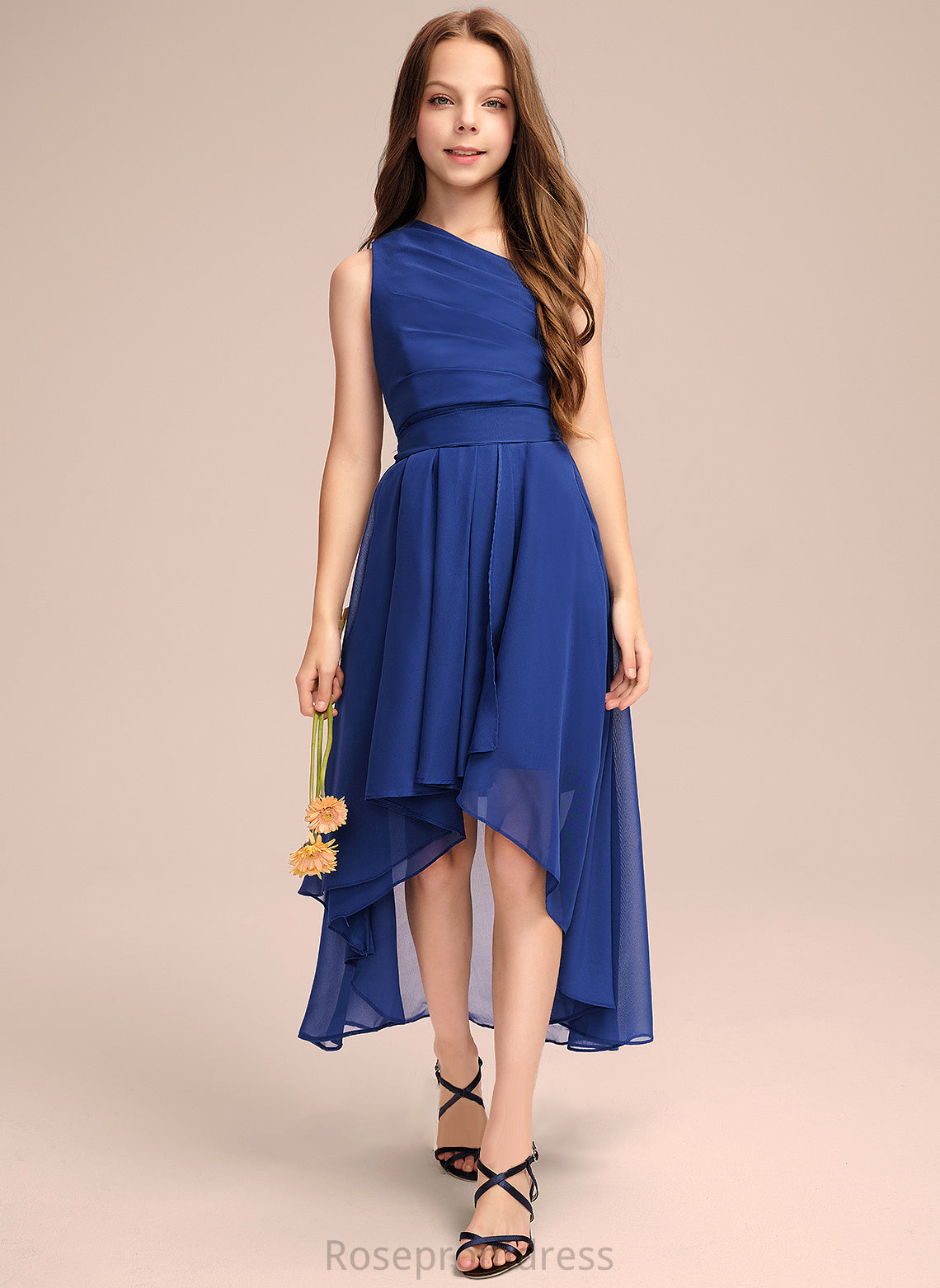 Aryana Junior Bridesmaid Dresses Bow(s) One-Shoulder With Ruffles A-Line Asymmetrical Chiffon