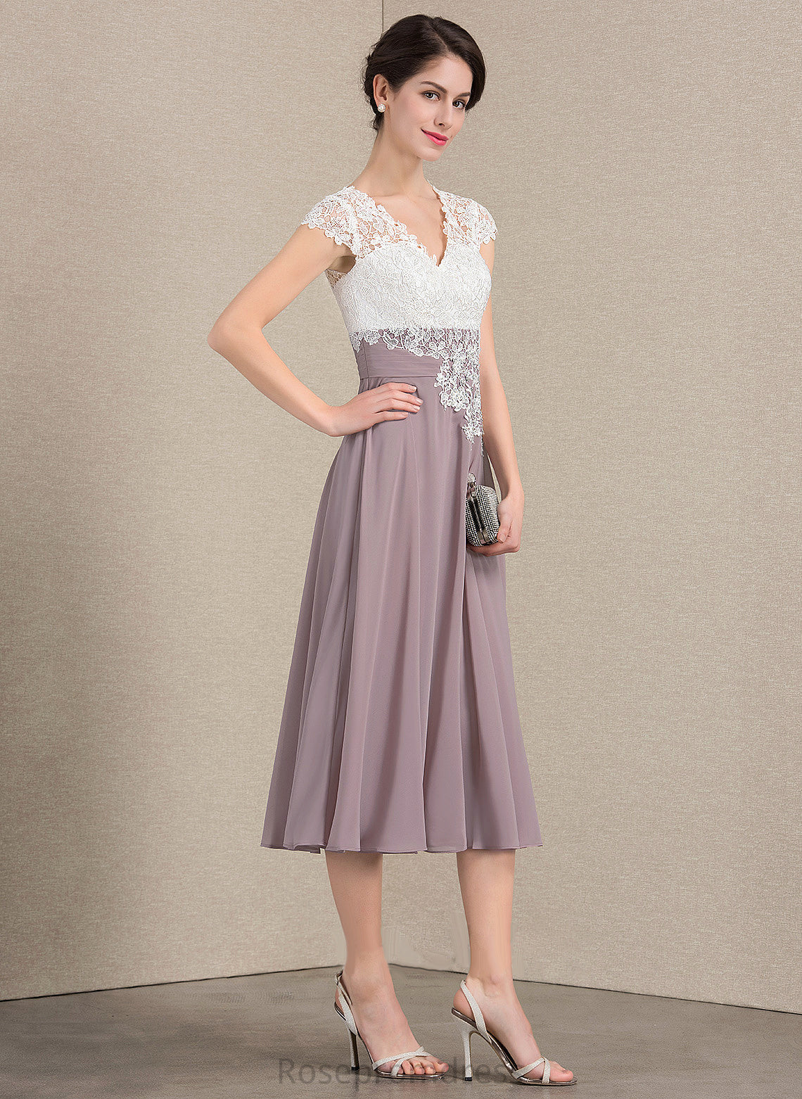 A-Line Mother of the Bride Dresses Viviana of Tea-Length the Lace Chiffon Mother Bride Dress V-neck