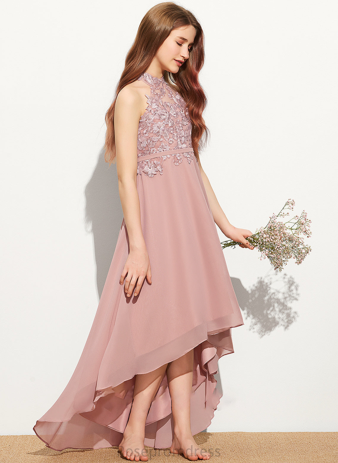 Junior Bridesmaid Dresses Lace Hannah Neck Chiffon Asymmetrical A-Line Scoop