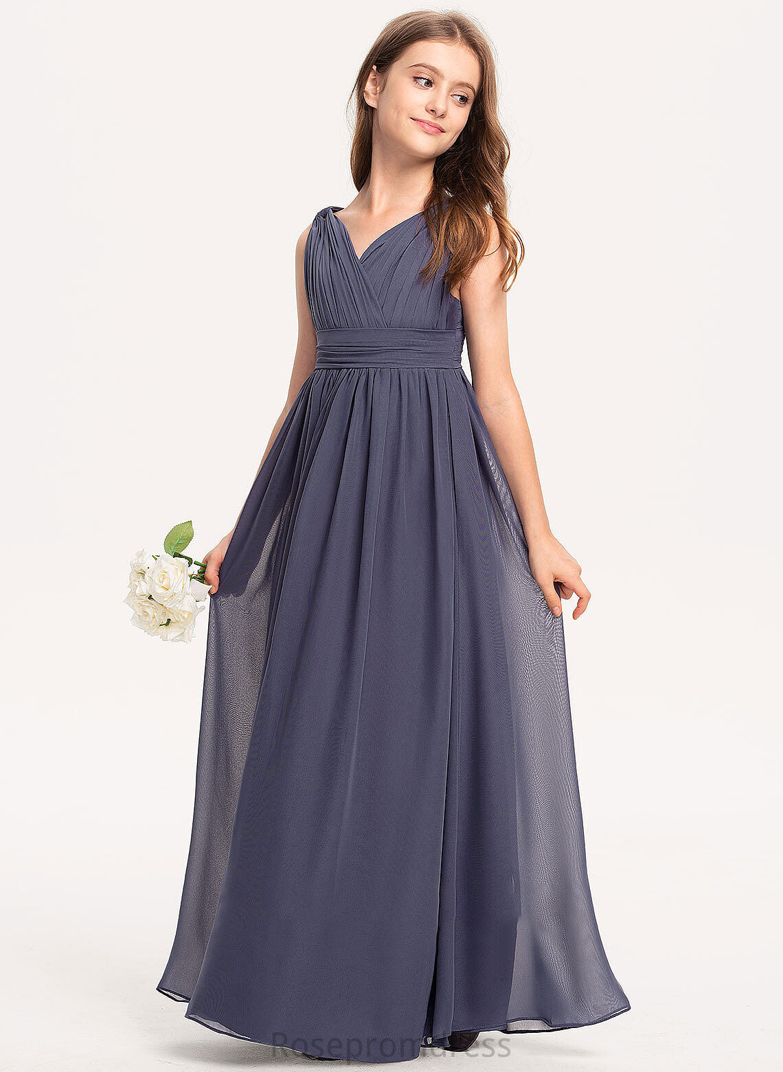 With A-Line Floor-Length V-neck Ruffle Junior Bridesmaid Dresses Chiffon Ashanti