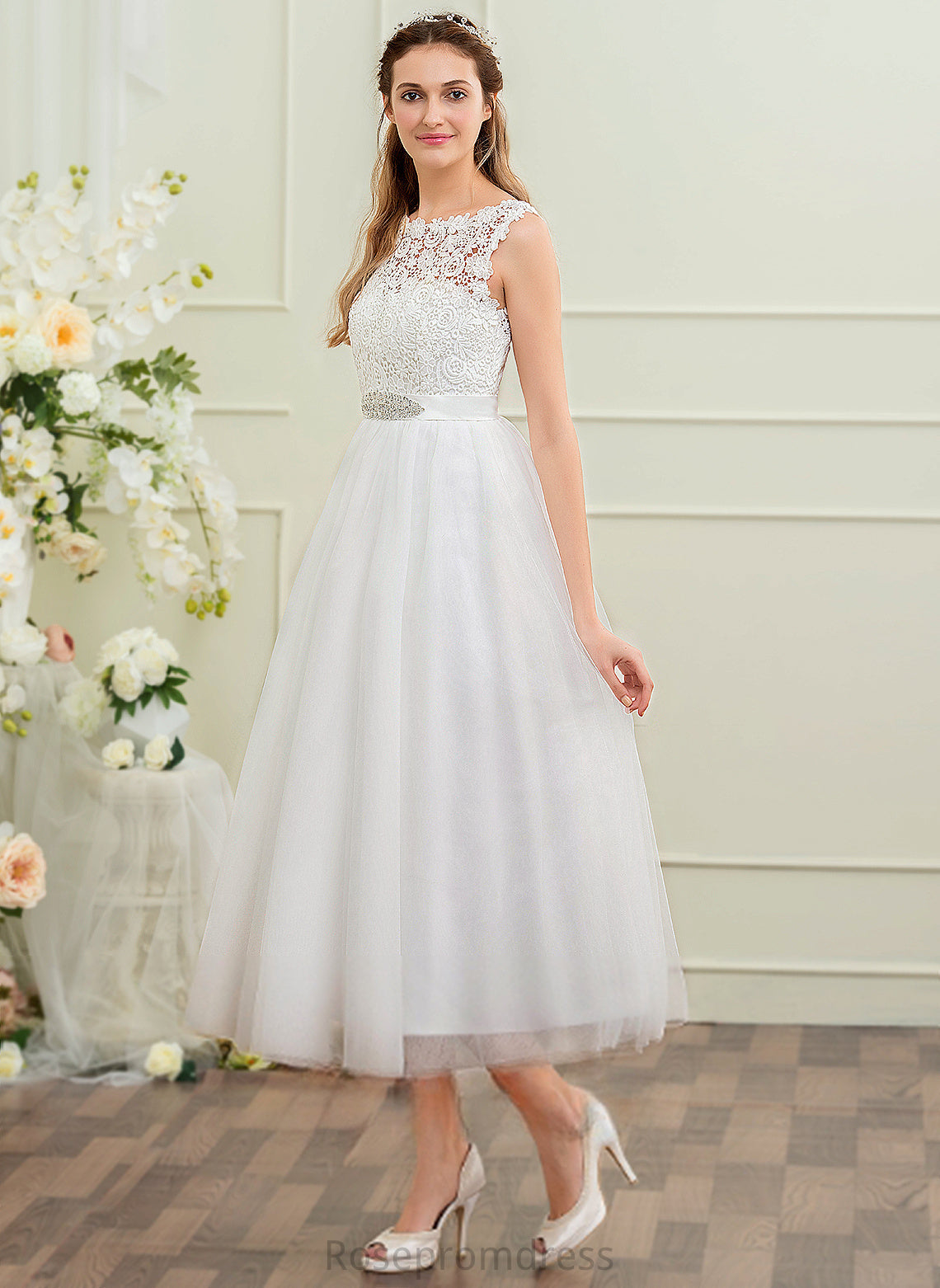 Tea-Length Tulle Beading Wedding Dresses Lace With Ball-Gown/Princess Satin Dress Uerica Wedding Sequins