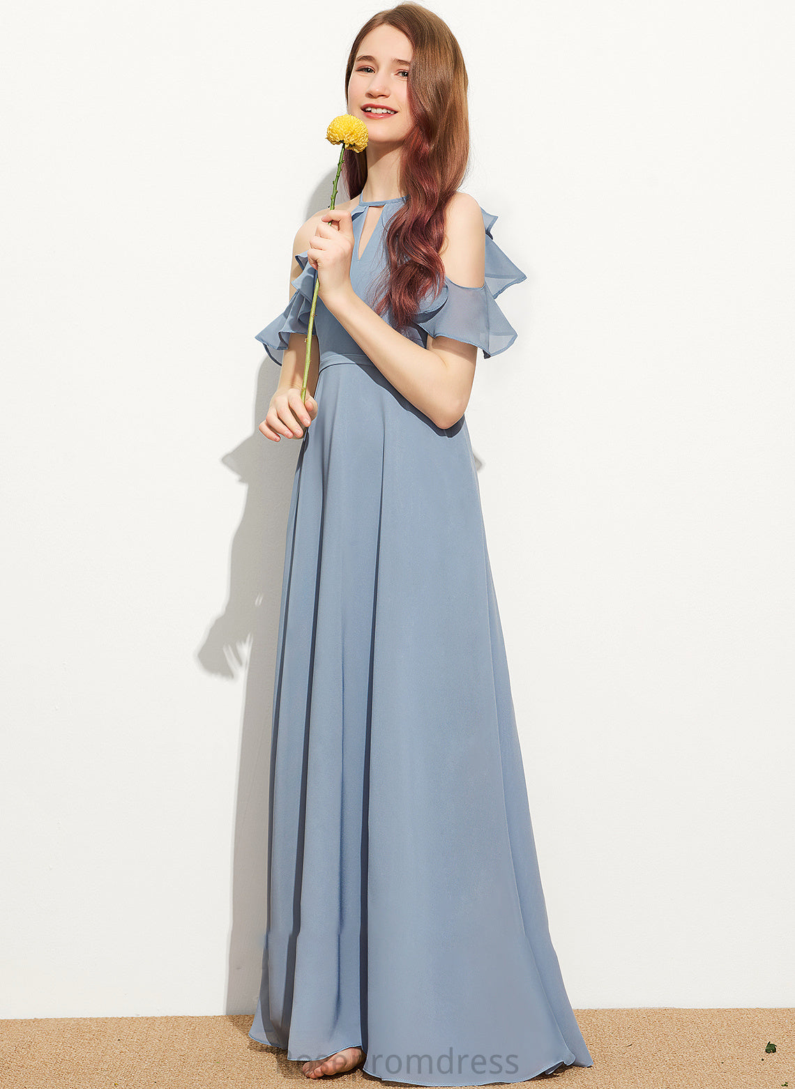 Junior Bridesmaid Dresses With Floor-Length Scoop Cascading Bow(s) Camilla Neck Ruffles A-Line Chiffon