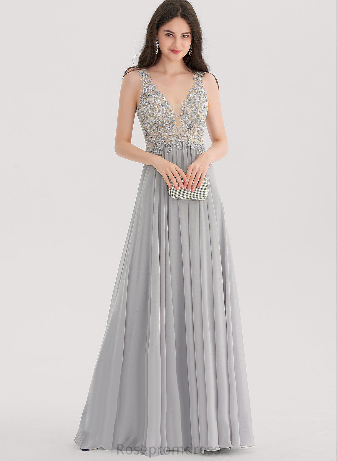 Prom Dresses With Emely A-Line Rhinestone Floor-Length V-neck Chiffon Lace