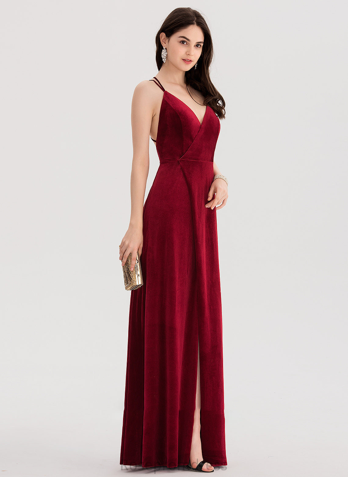 Floor-Length Prom Dresses A-Line Minnie Velvet Split With V-neck Front