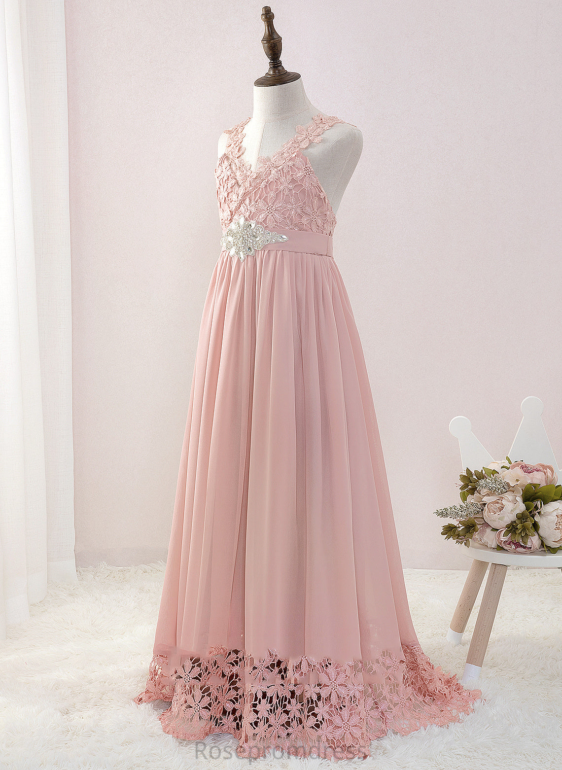 With Flower Girl Dresses Isla A-Line Flower V-neck Floor-length Dress Sleeveless Beading - Chiffon/Lace Girl