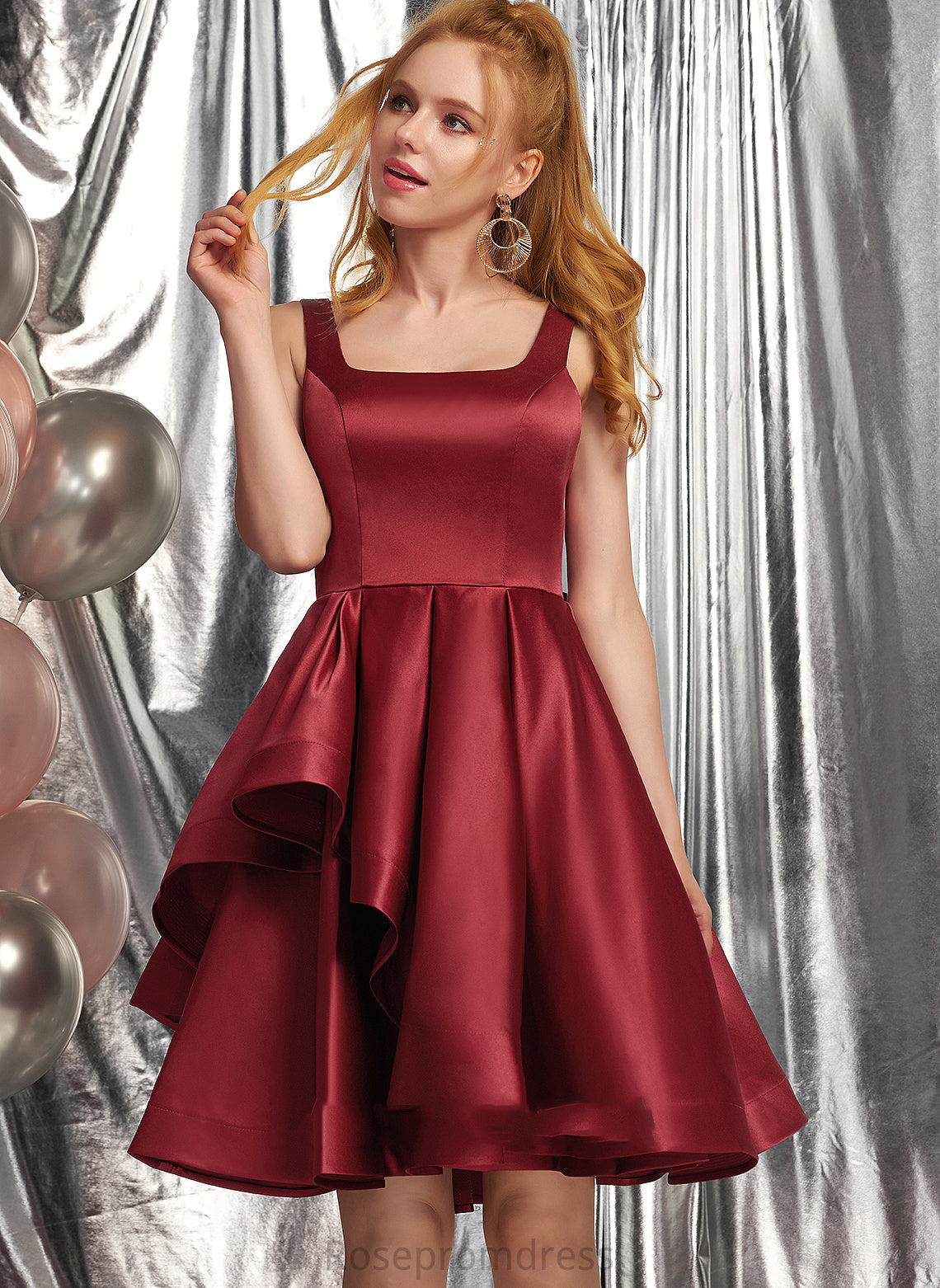 Satin Dress Homecoming Knee-Length Ayana Ruffles Neckline Bow(s) A-Line Homecoming Dresses With Square Cascading