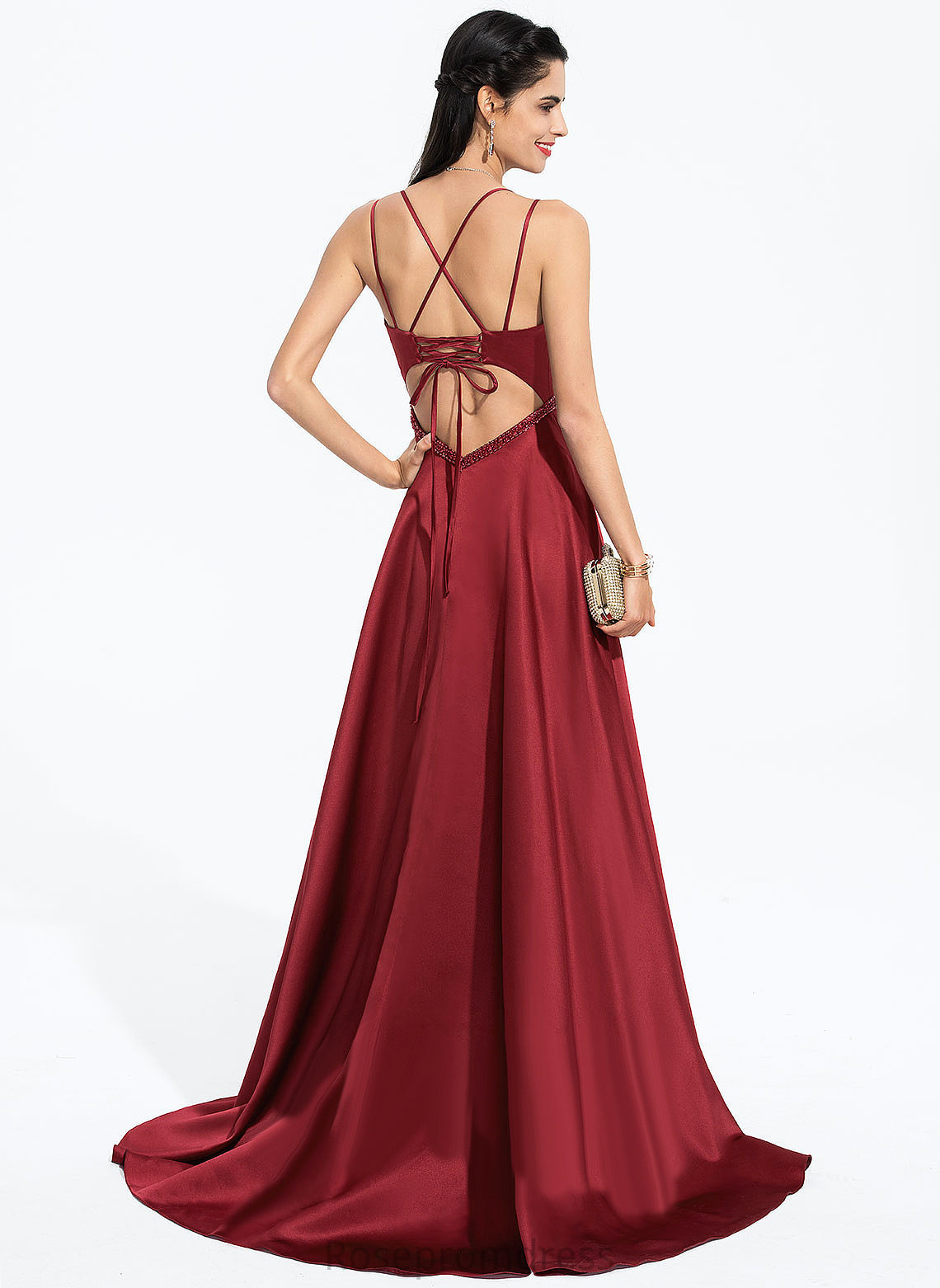 Satin Sequins Prom Dresses Beading With V-neck Train Sweep A-Line Ashtyn