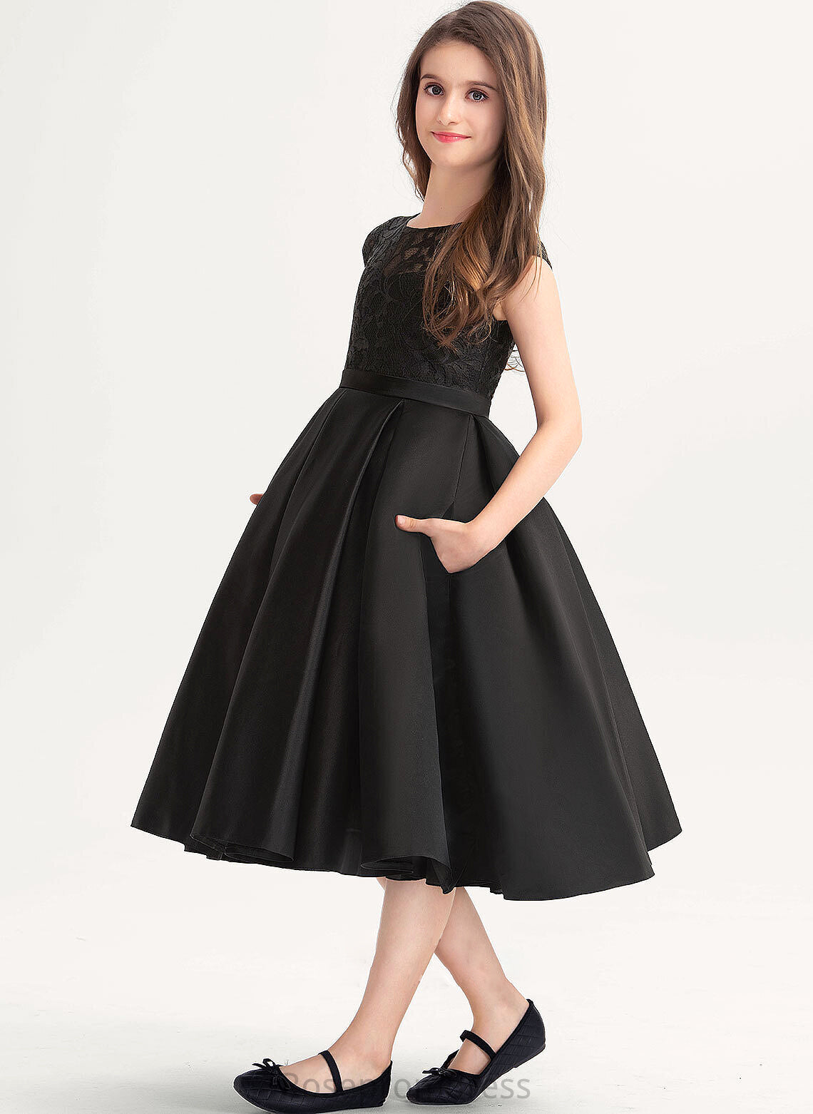 Knee-Length Pockets Junior Bridesmaid Dresses Satin Lace Scoop A-Line Neck With Millie