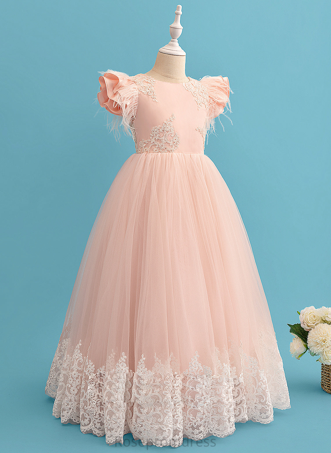 Ball-Gown/Princess Floor-length Ruffles/Feather/Bow(s) - Ashleigh Flower Flower Girl Dresses Dress Neck Sleeves Scoop Girl Lace With Short