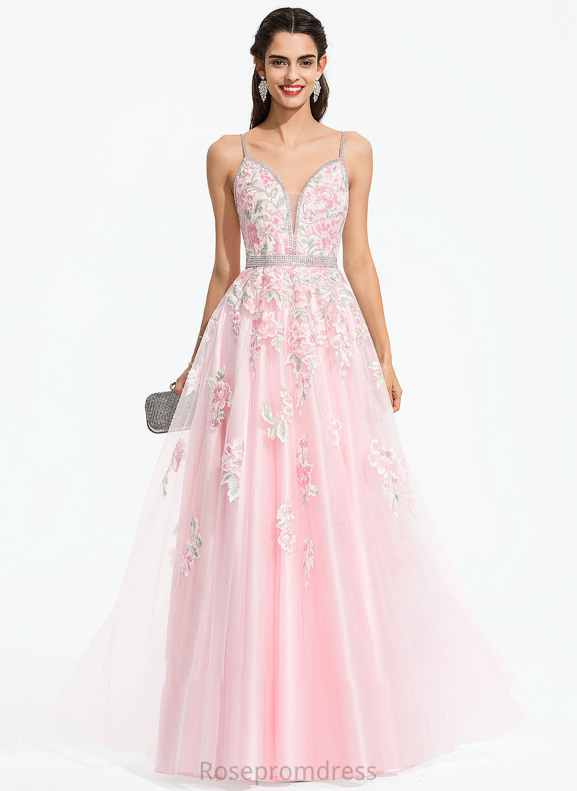 Floor-Length V-neck Tulle Ball-Gown/Princess Prom Dresses With Jasmin Beading Sequins