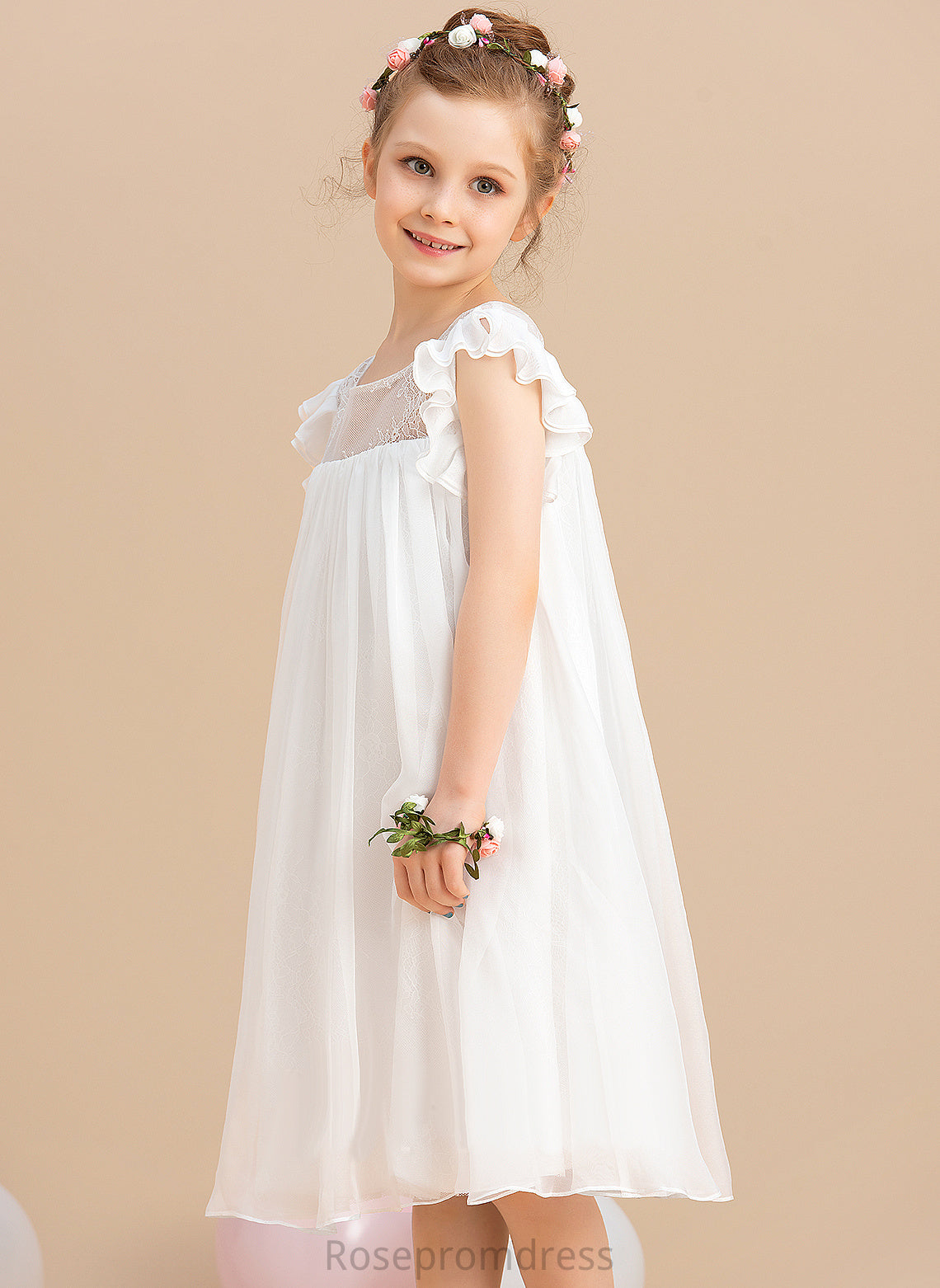 Sleeves Dress Flower Girl Dresses Girl With Scoop Chiffon A-Line - Short Neck Knee-length Nataly Flower Lace