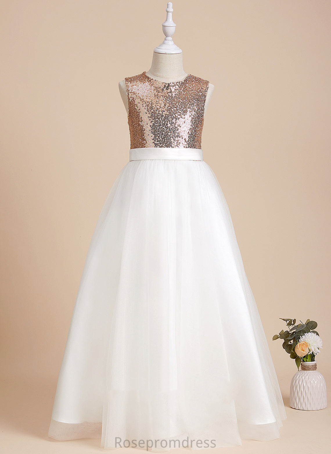 Sleeveless - Floor-length Flower Neck Dress Back Sequins/Bow(s)/V Lucile Girl With Flower Girl Dresses Satin/Tulle/Sequined A-Line Scoop