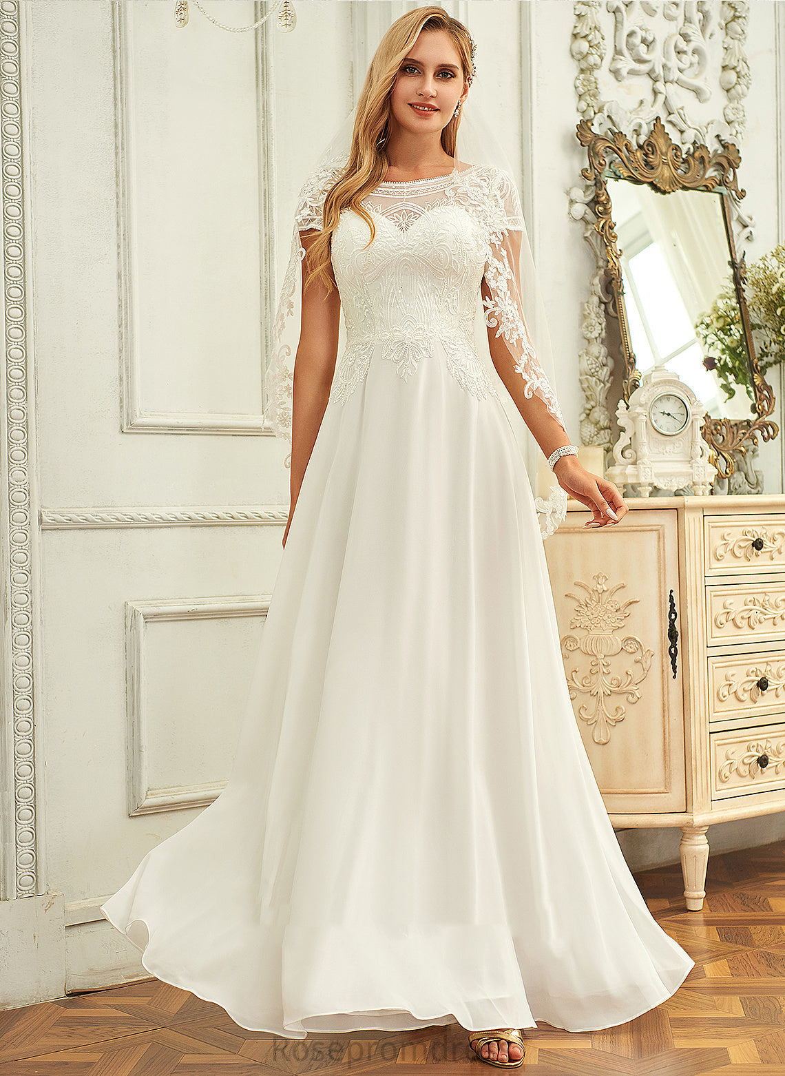 Chiffon Sequins Floor-Length Lace Scoop Dress Dylan With Wedding Dresses Wedding